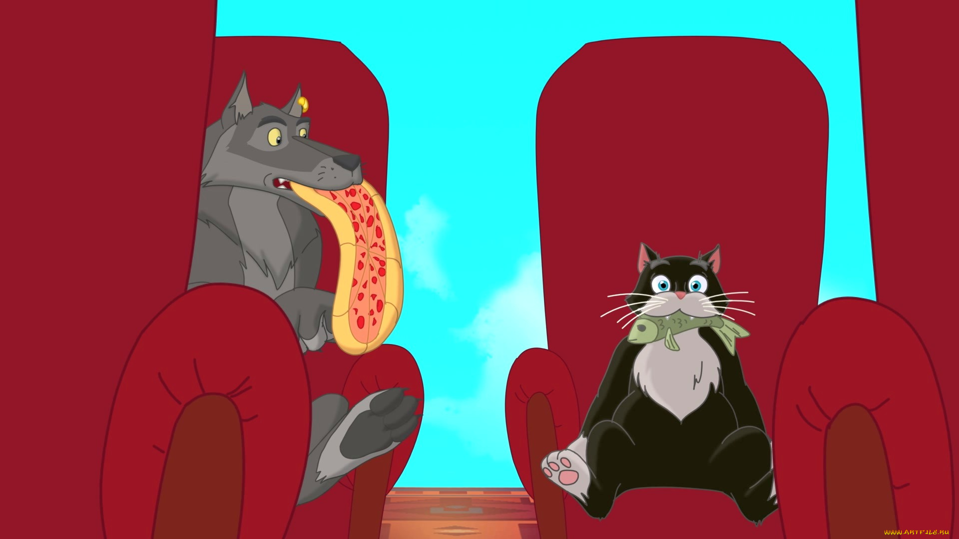 мультфильмы, иван, царевич, и, серый, волк, 3, кресло, волк, кот, рыба, пицца