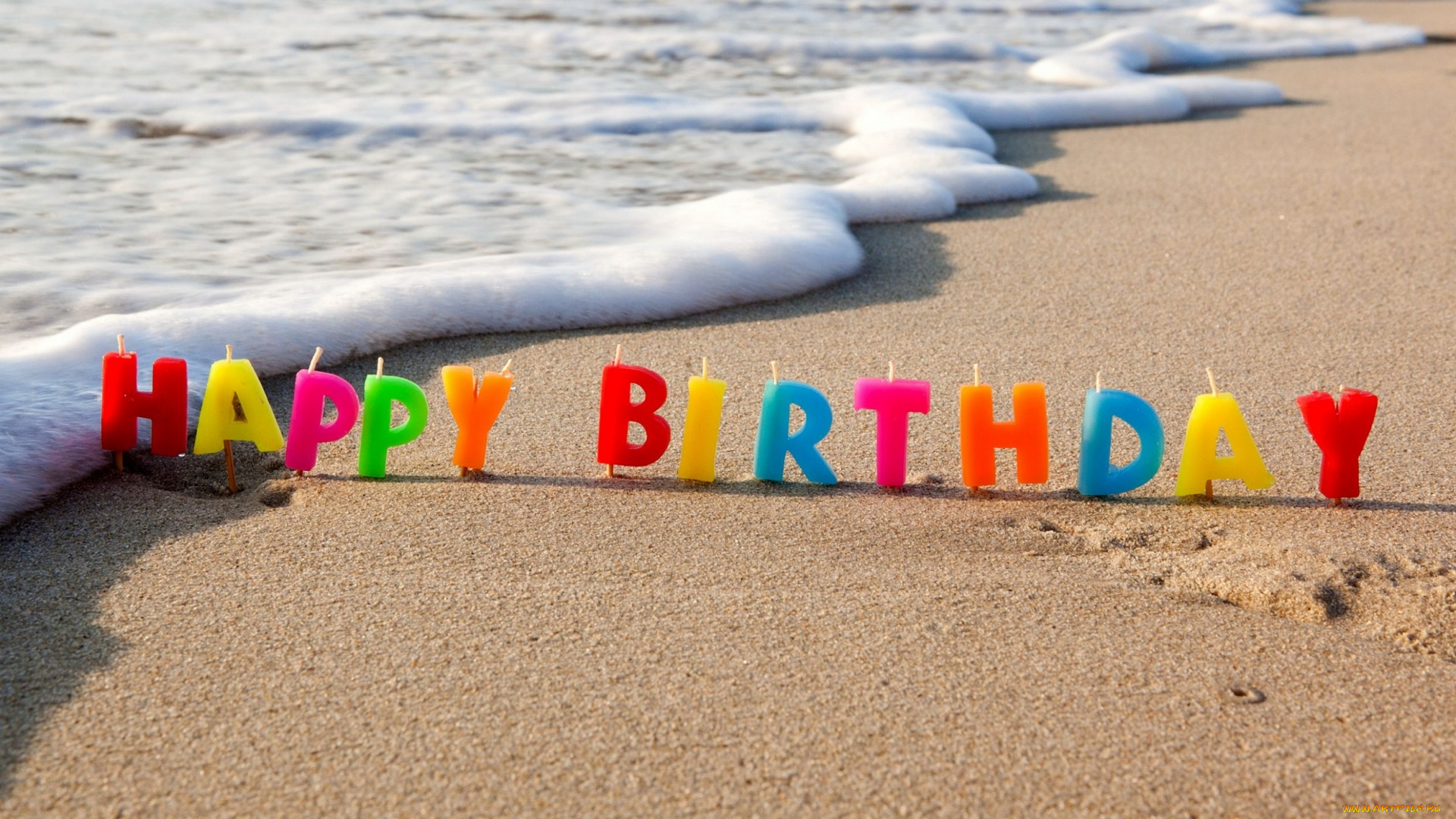 праздничные, день, рождения, море, волны, песок, пляж, свечи, надпись