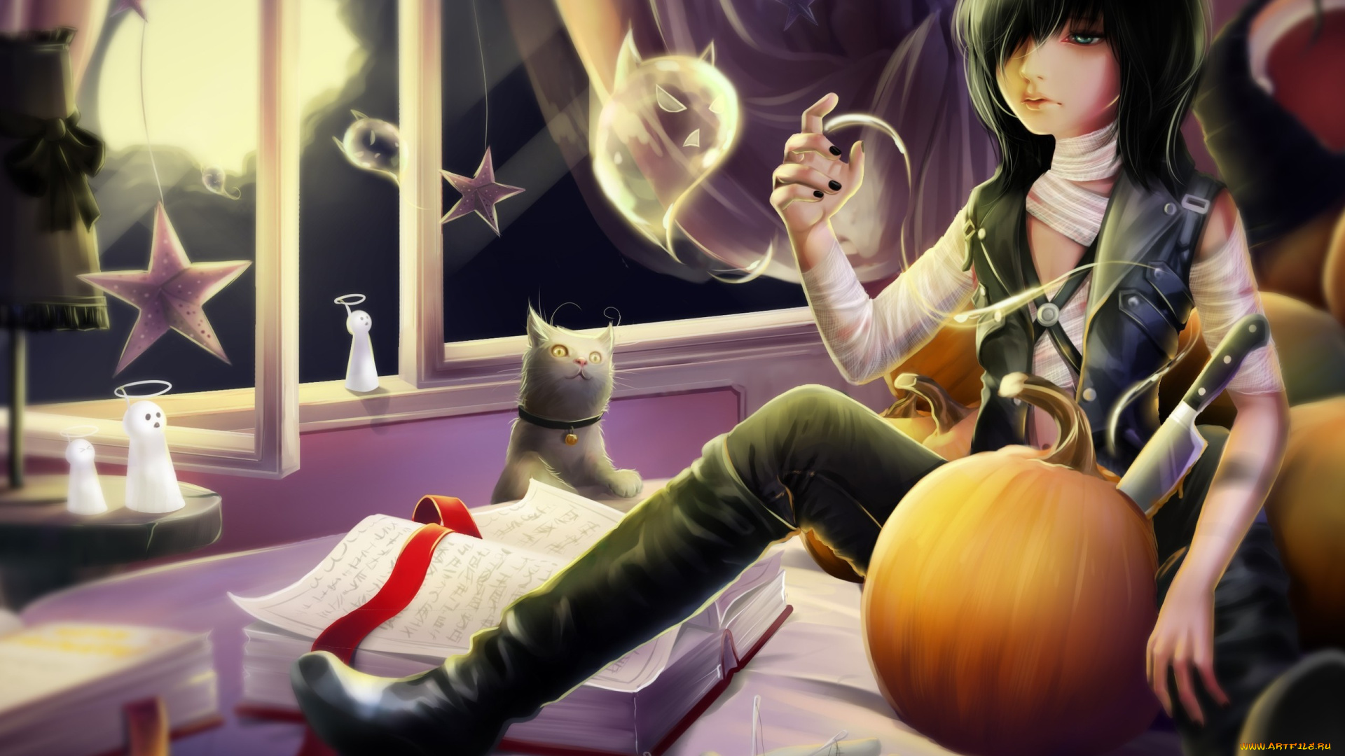 аниме, halloween, magic, хелуин, тыквы, шторы, звезды, ночь, парень, нож, луна, призраки, бинты, книга, кот