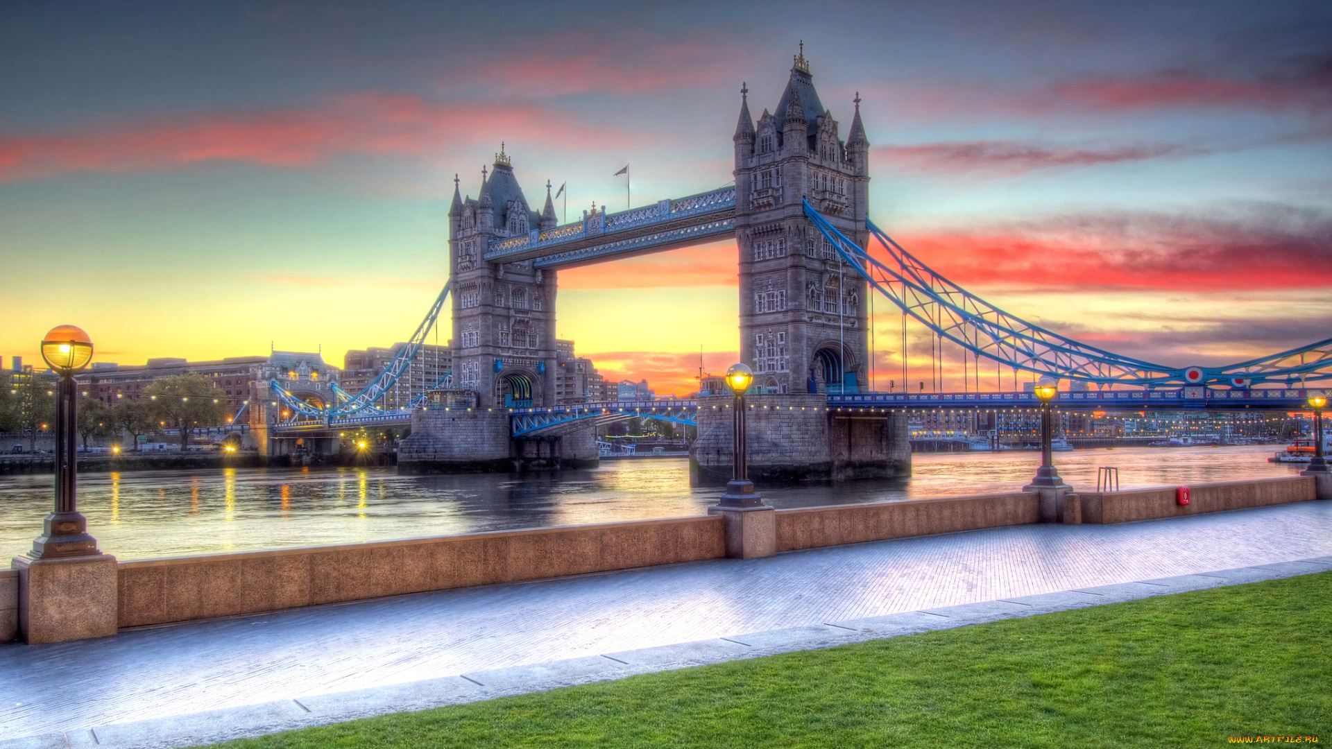 города, лондон, великобритания, набережная, закат, мост