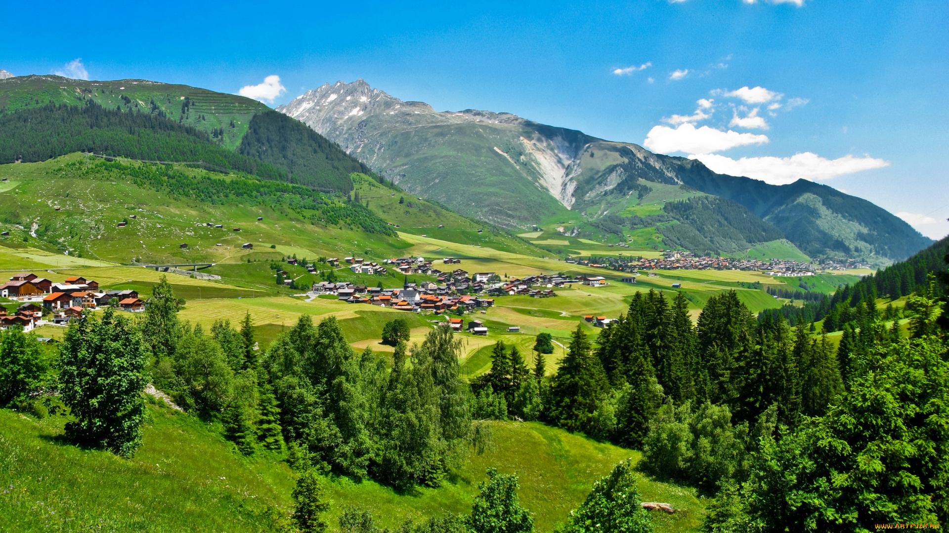 швейцария, туеч, природа, пейзажи, дома, горы