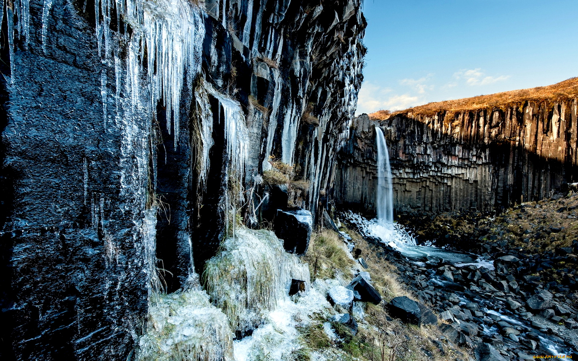 природа, водопады, лед, скалы, водопад