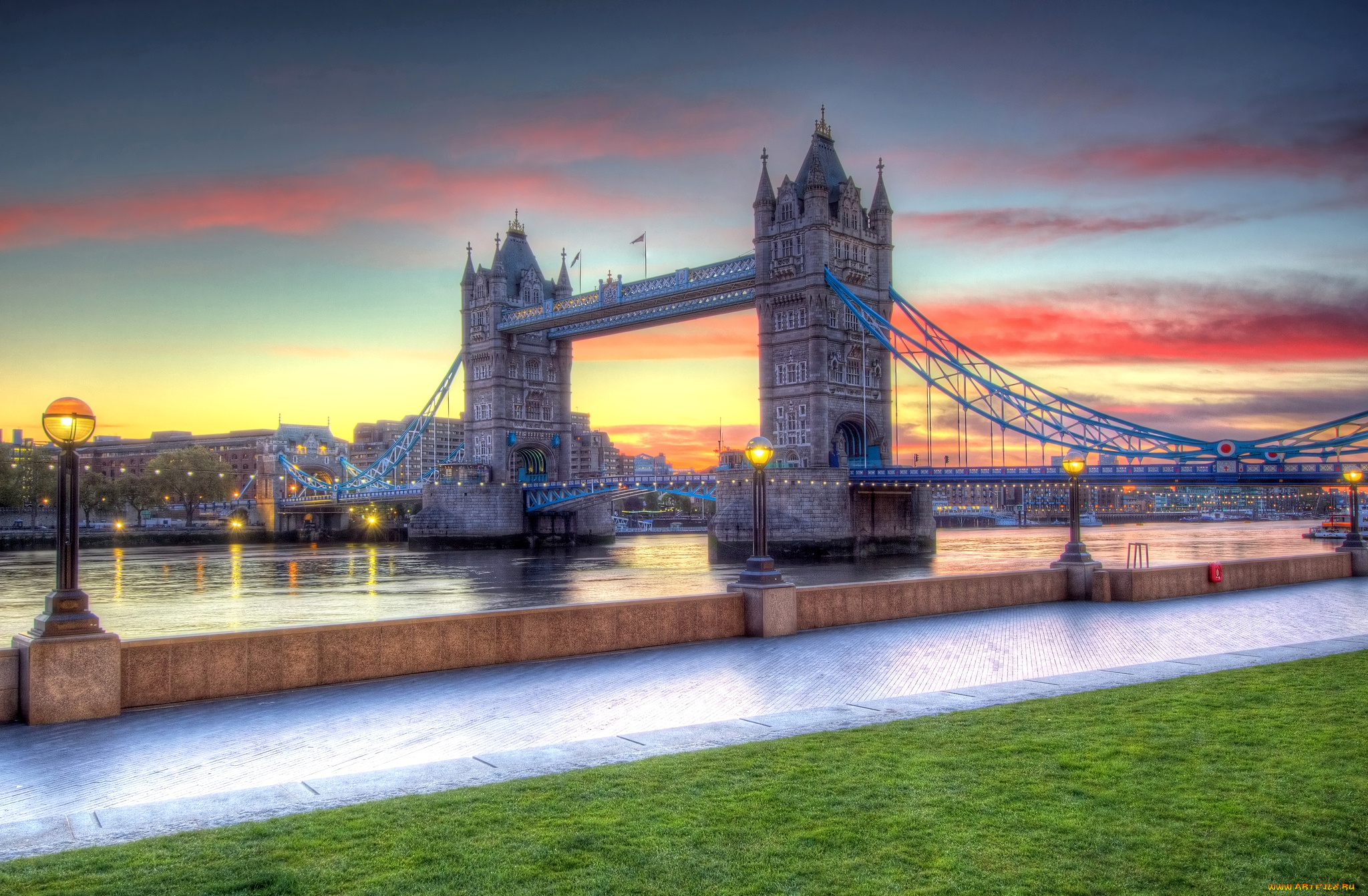 города, лондон, великобритания, набережная, закат, мост
