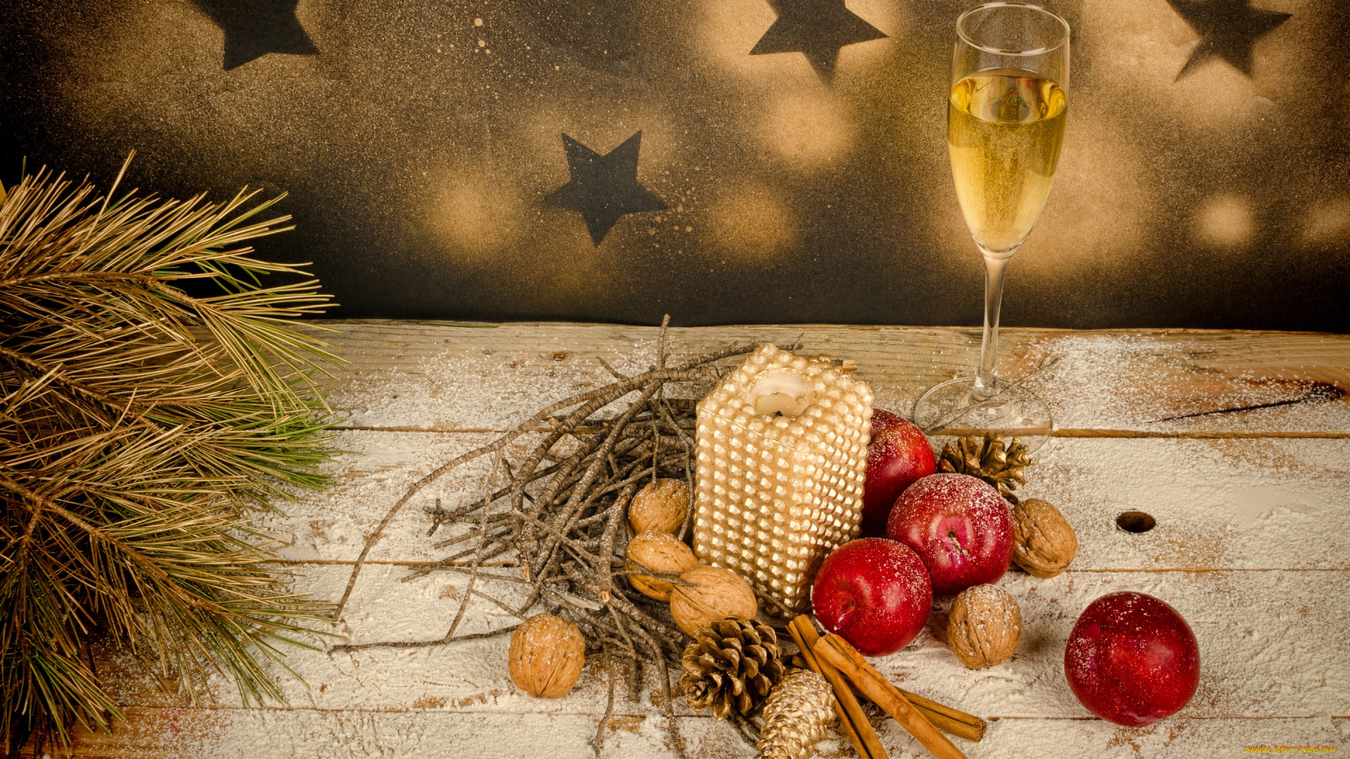 праздничные, угощения, бокалы, шампанское, украшения, новый, год, рождество
