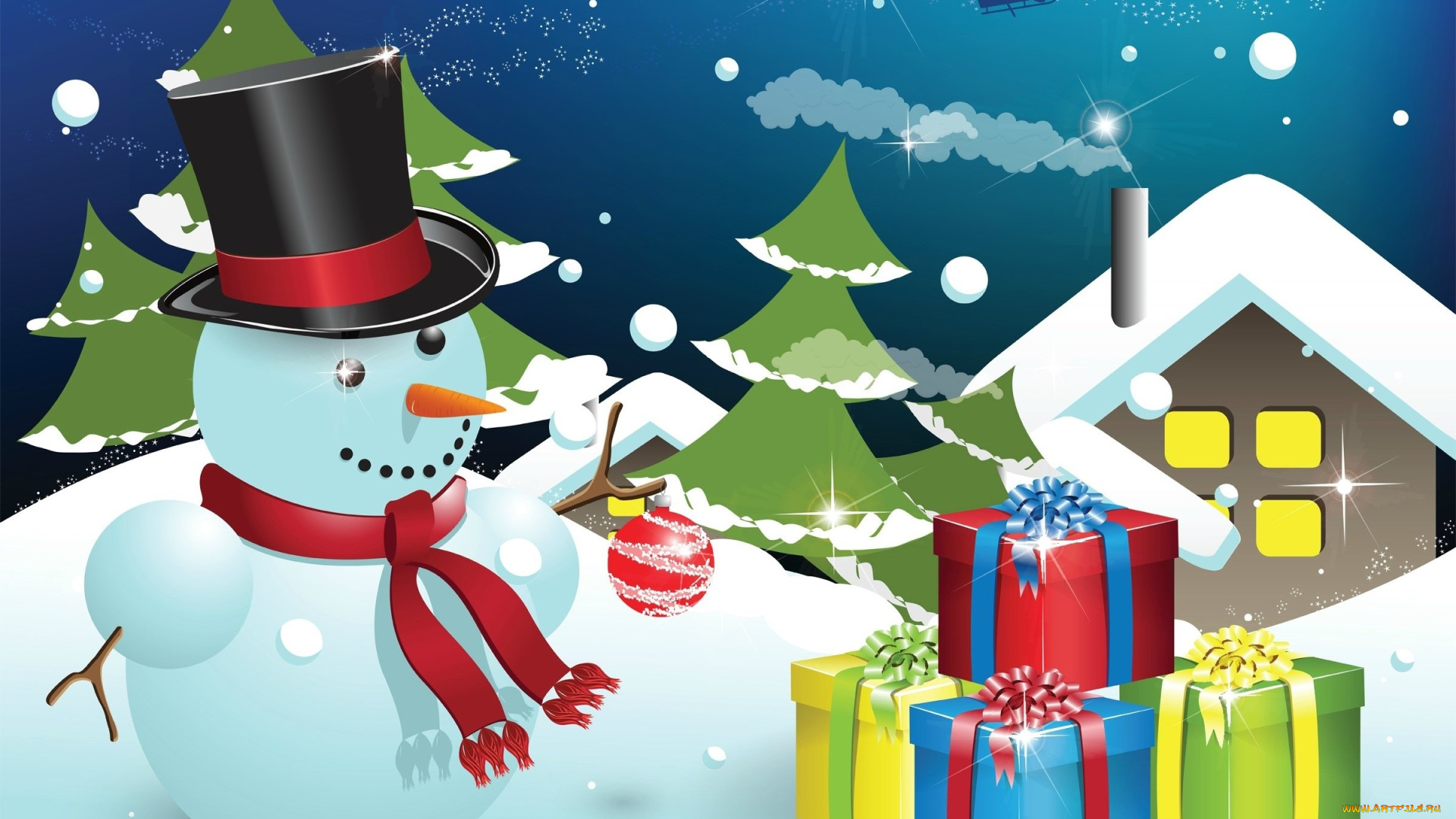 праздничные, векторная, графика, , новый, год, шарф, снеговик, ели, снег, упряжка, олени, подарки, облака, дом, шляпа