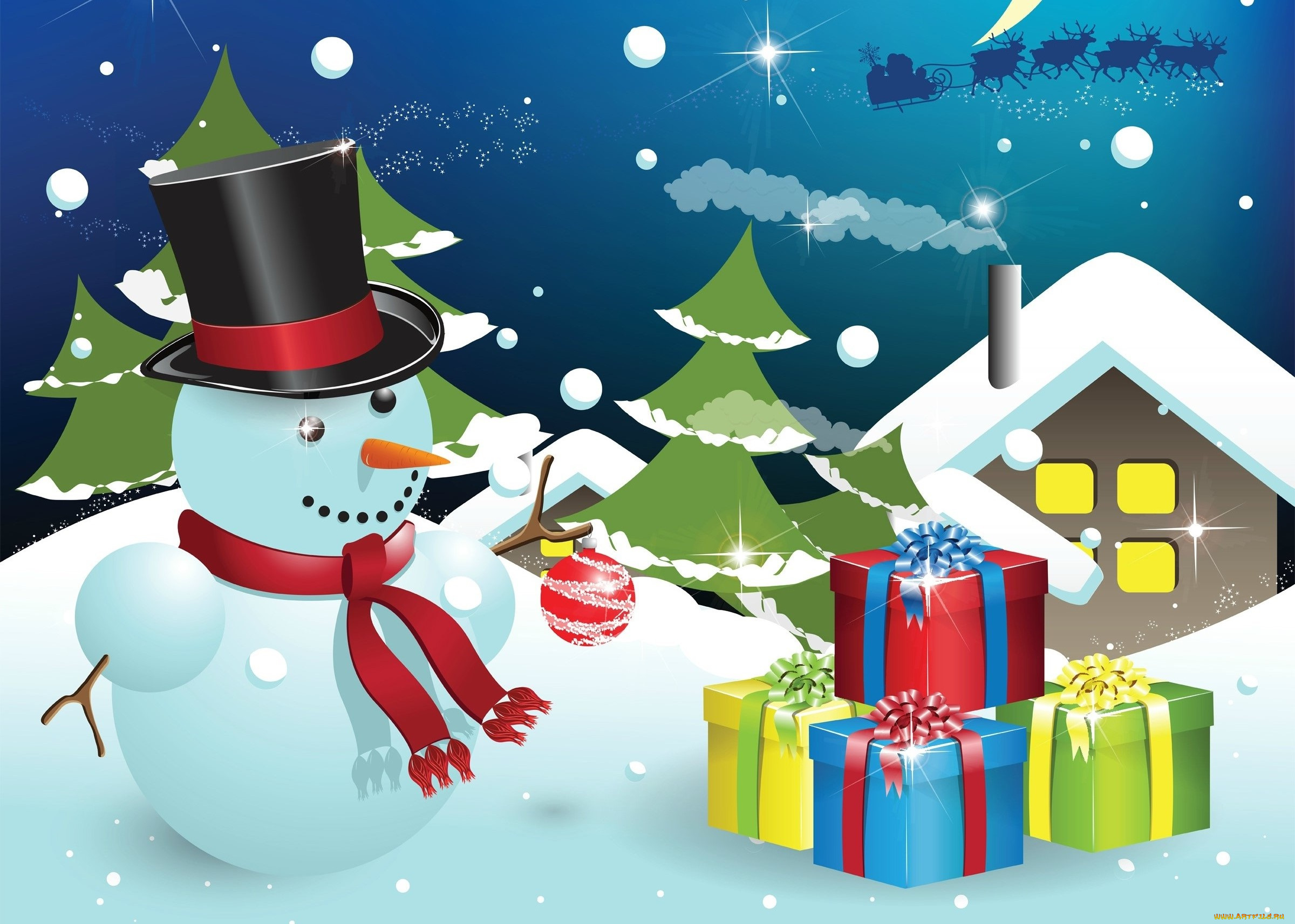праздничные, векторная, графика, , новый, год, шарф, снеговик, ели, снег, упряжка, олени, подарки, облака, дом, шляпа