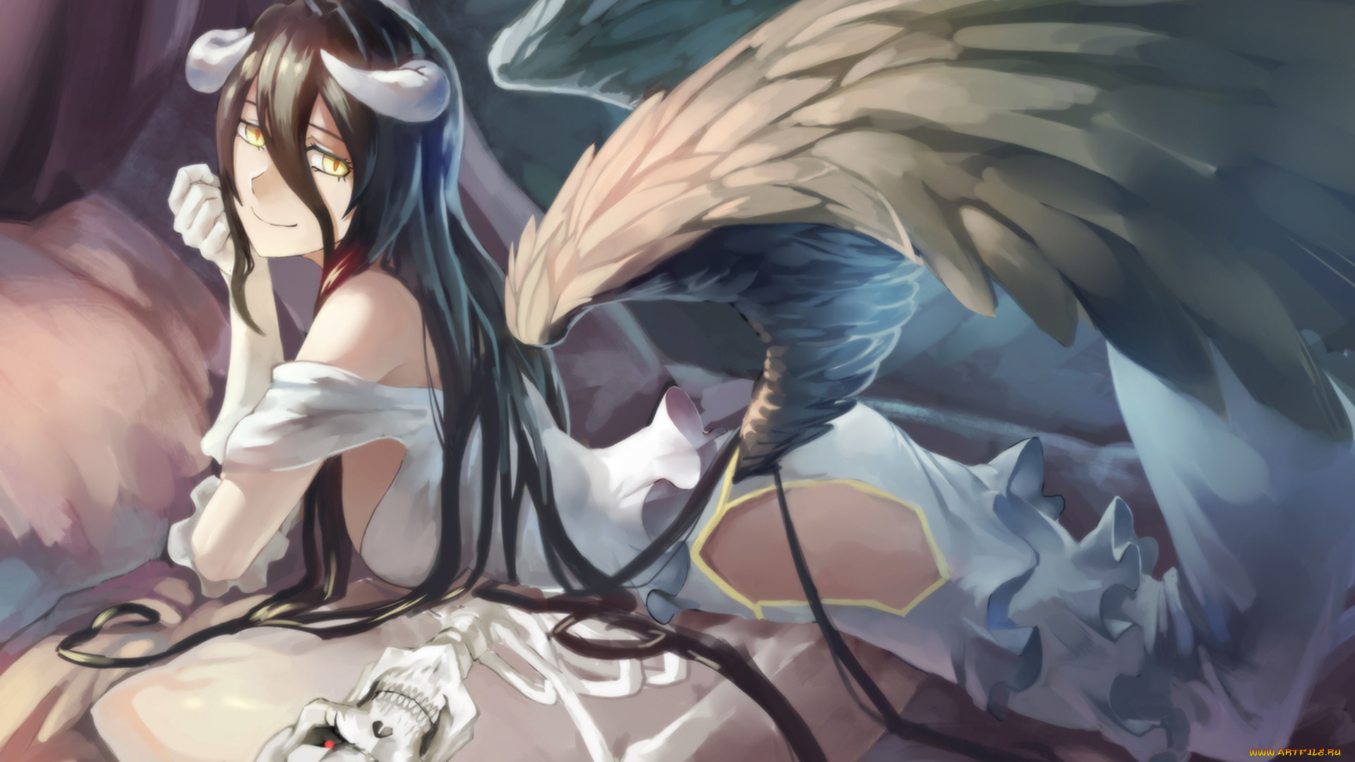 аниме, overlord, albedo, art, рога, anime, крылья, девушка