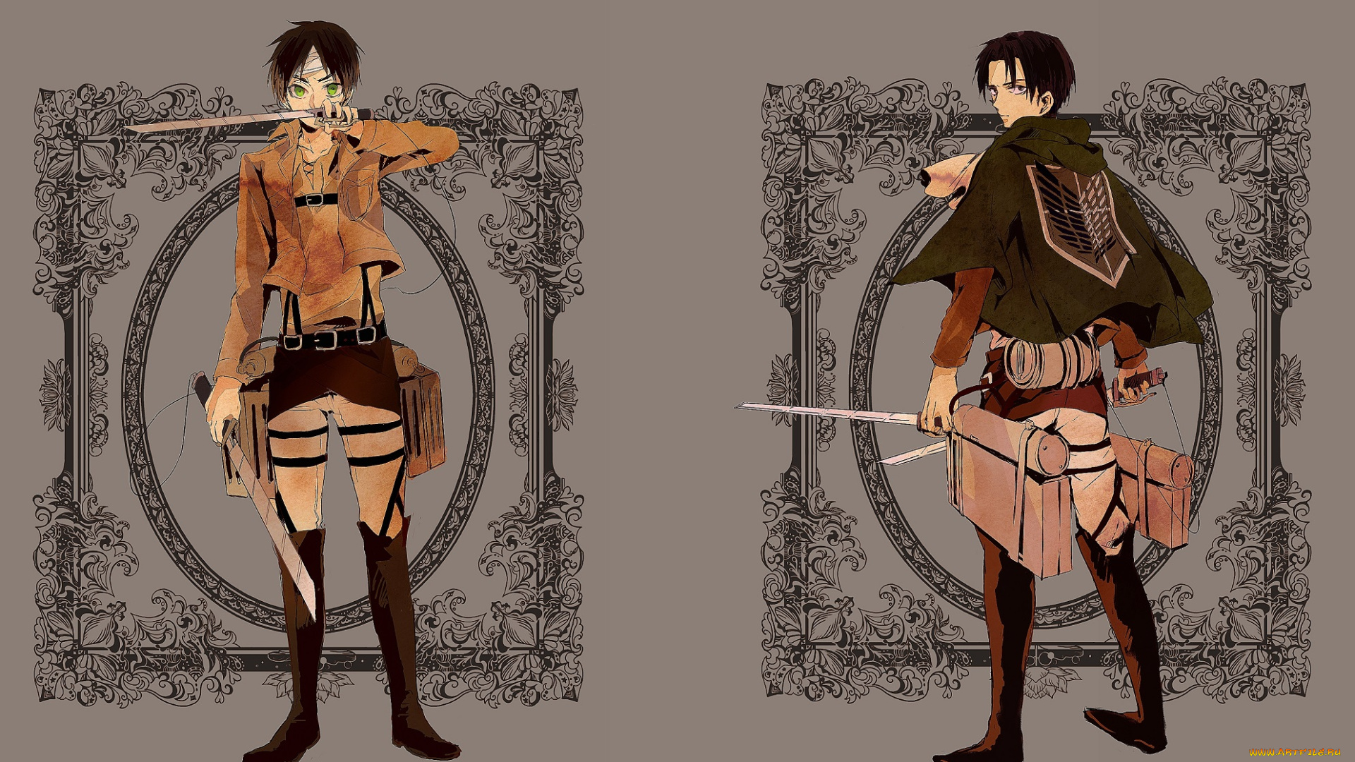 аниме, shingeki, no, kyojin, леви, эрен, фон, арт, атака, титанов