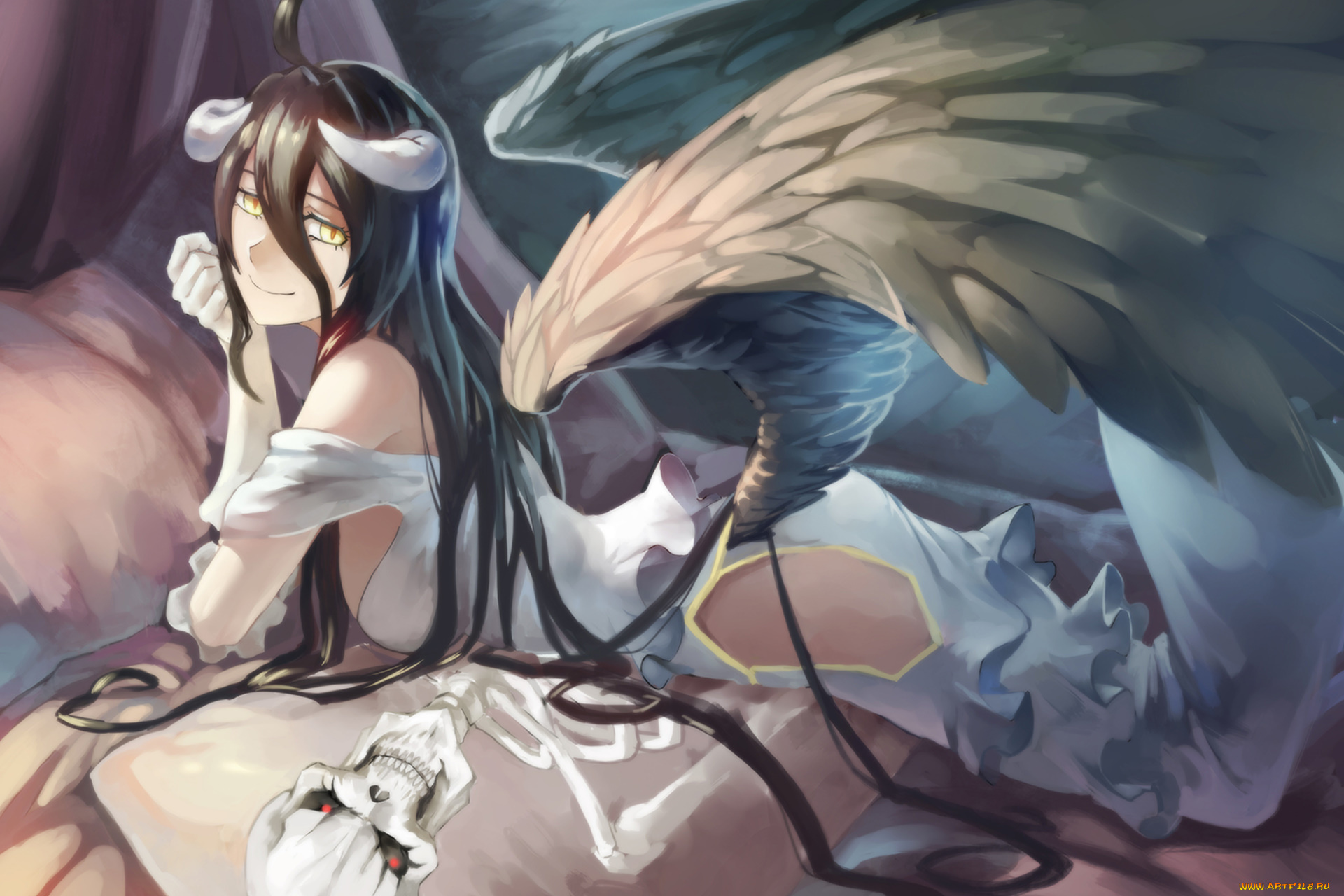 аниме, overlord, albedo, art, рога, anime, крылья, девушка