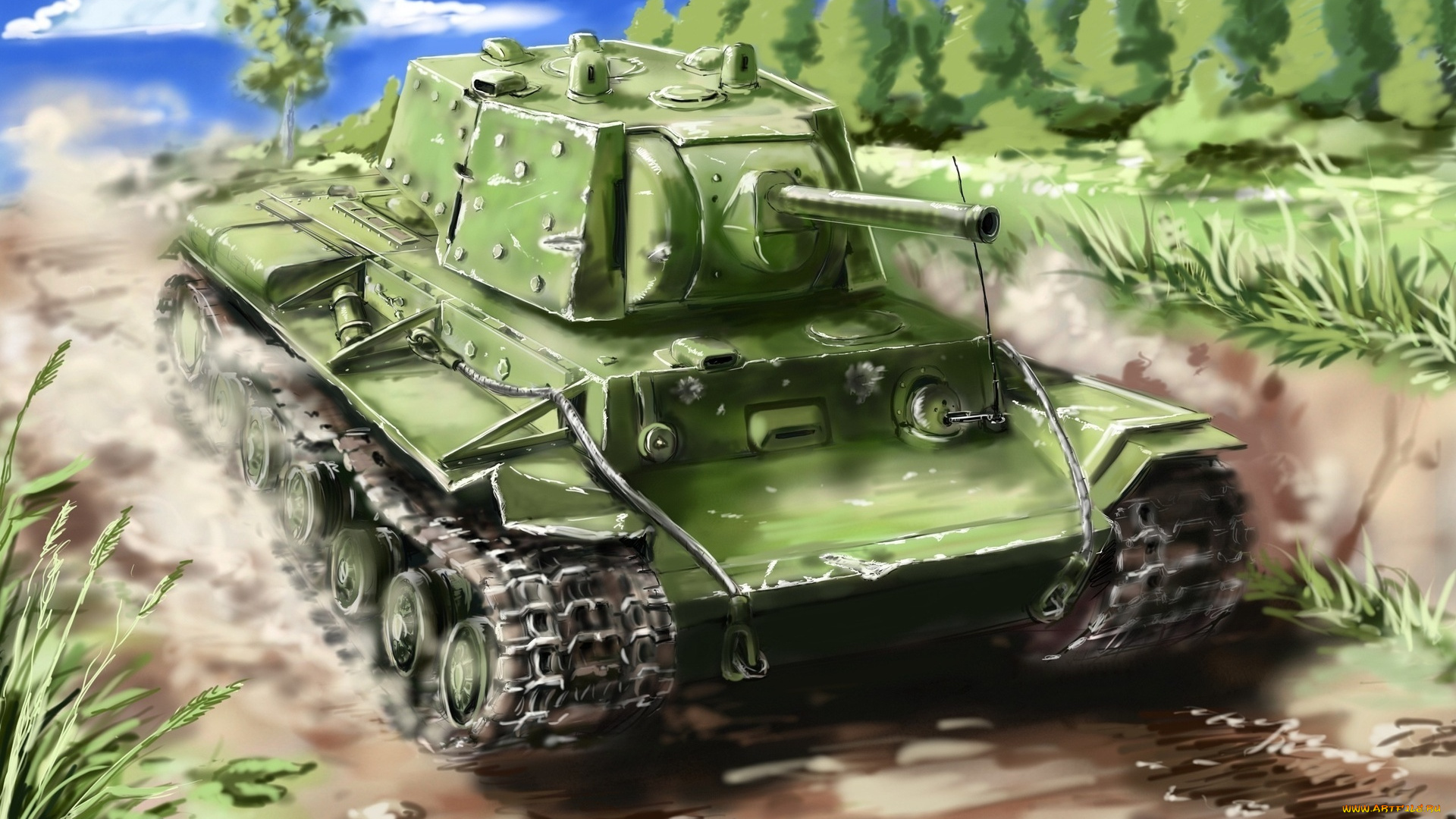 рисованное, армия, танк, дорога