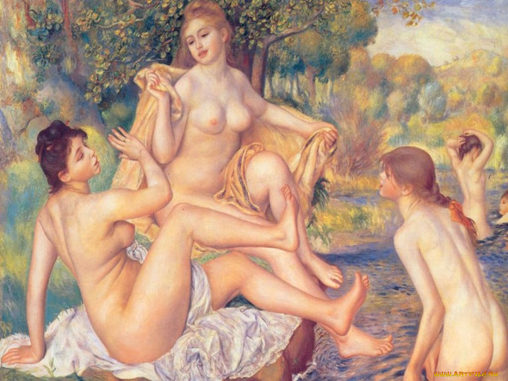 большие, купальщицы, рисованные, pierre, auguste, renoir