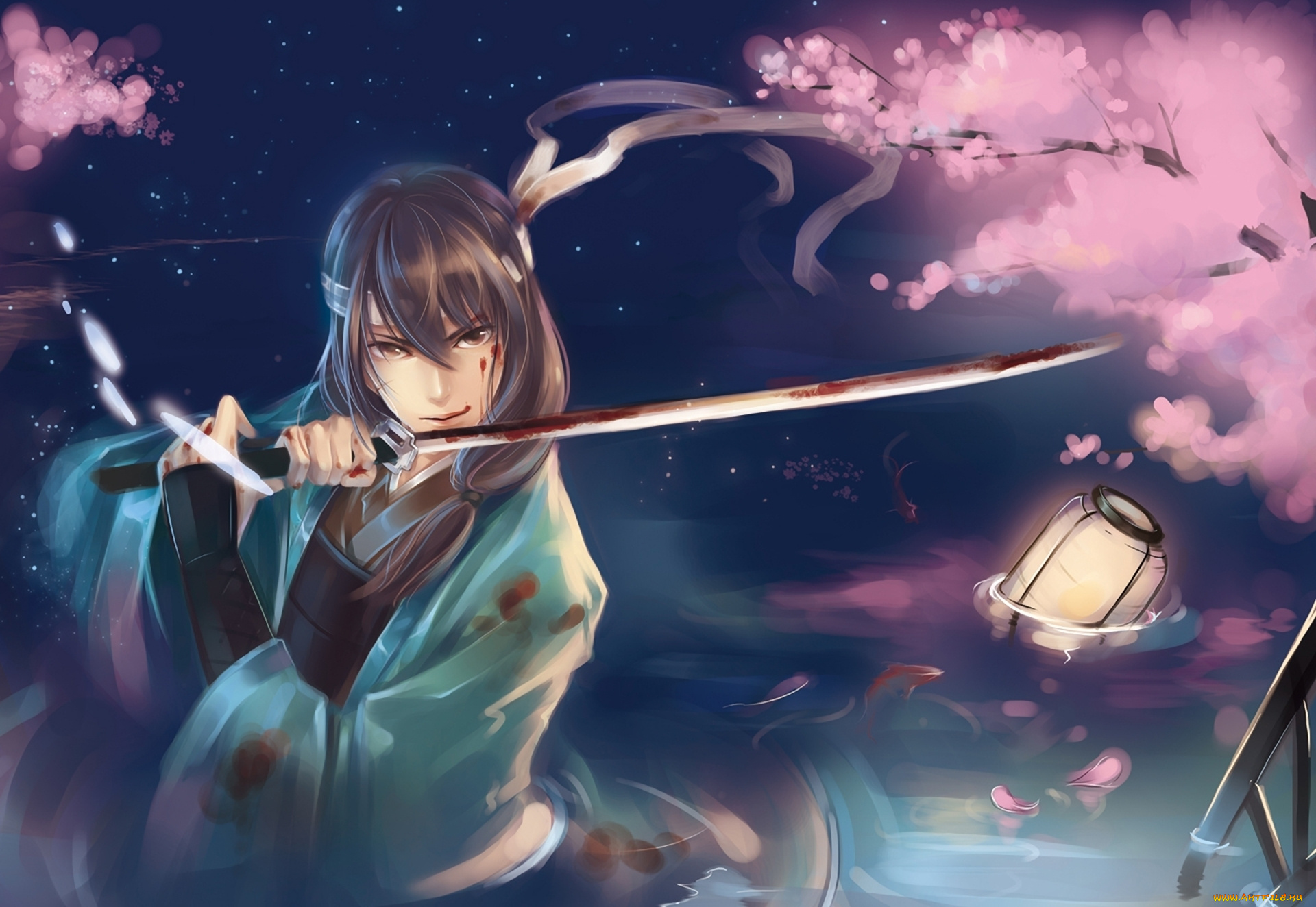 аниме, hakuoki, арт, фонарь, катана, gintama, меч, самурай, katsura, kotaro, вода, кровь, рыбы, сакура, парень