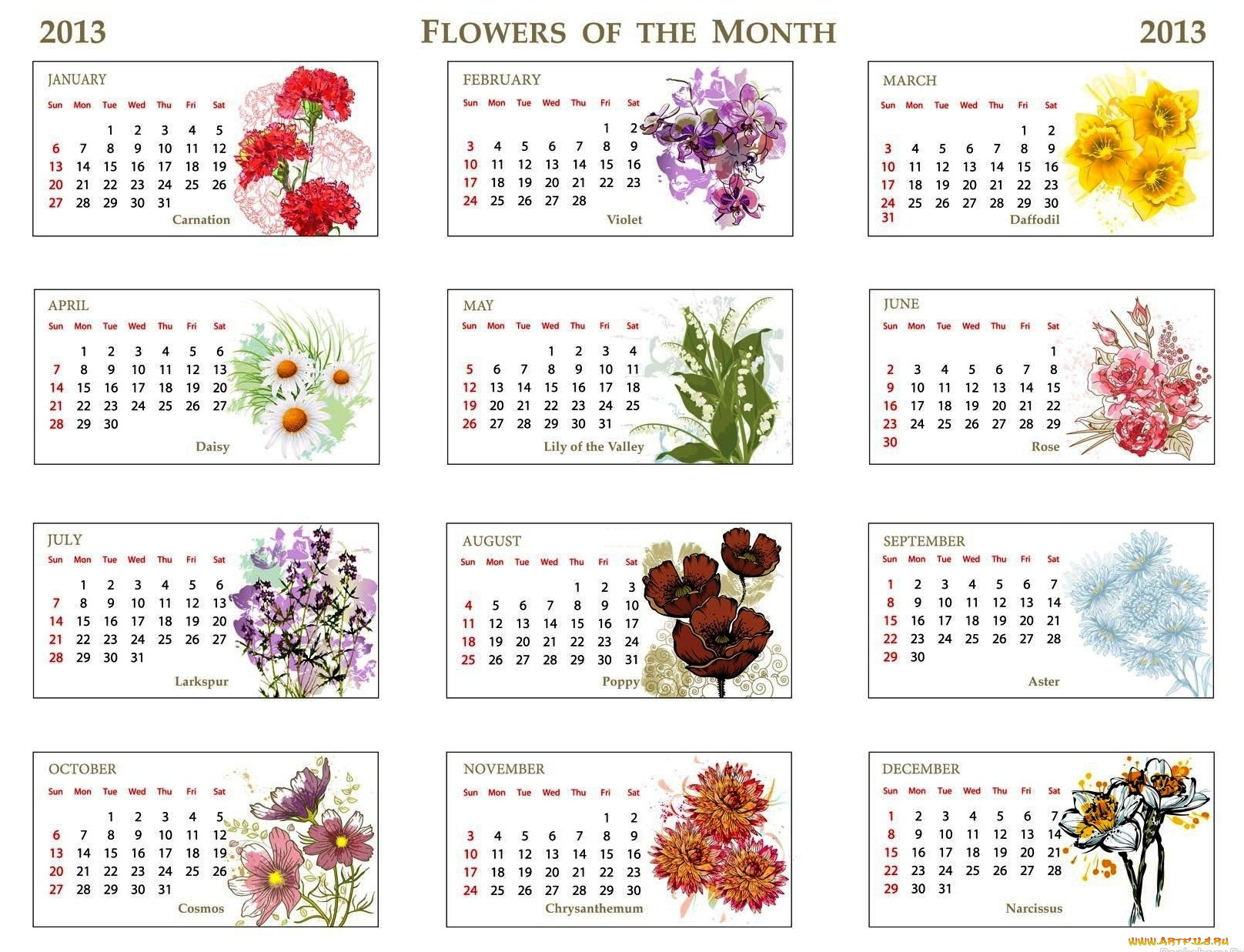 календари, рисованные, векторная, графика, цветы