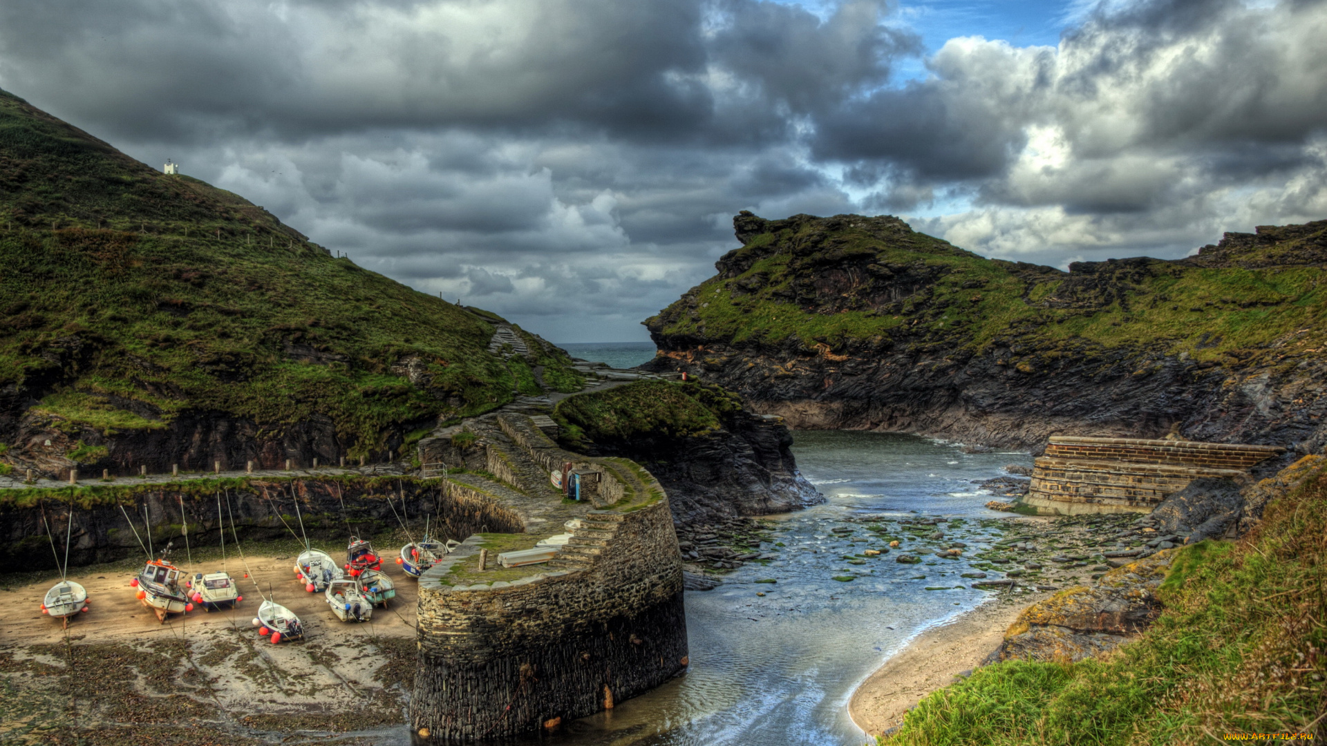 boscastle, harbour, , cornwall, англия, природа, побережье, залив, трава, лодки