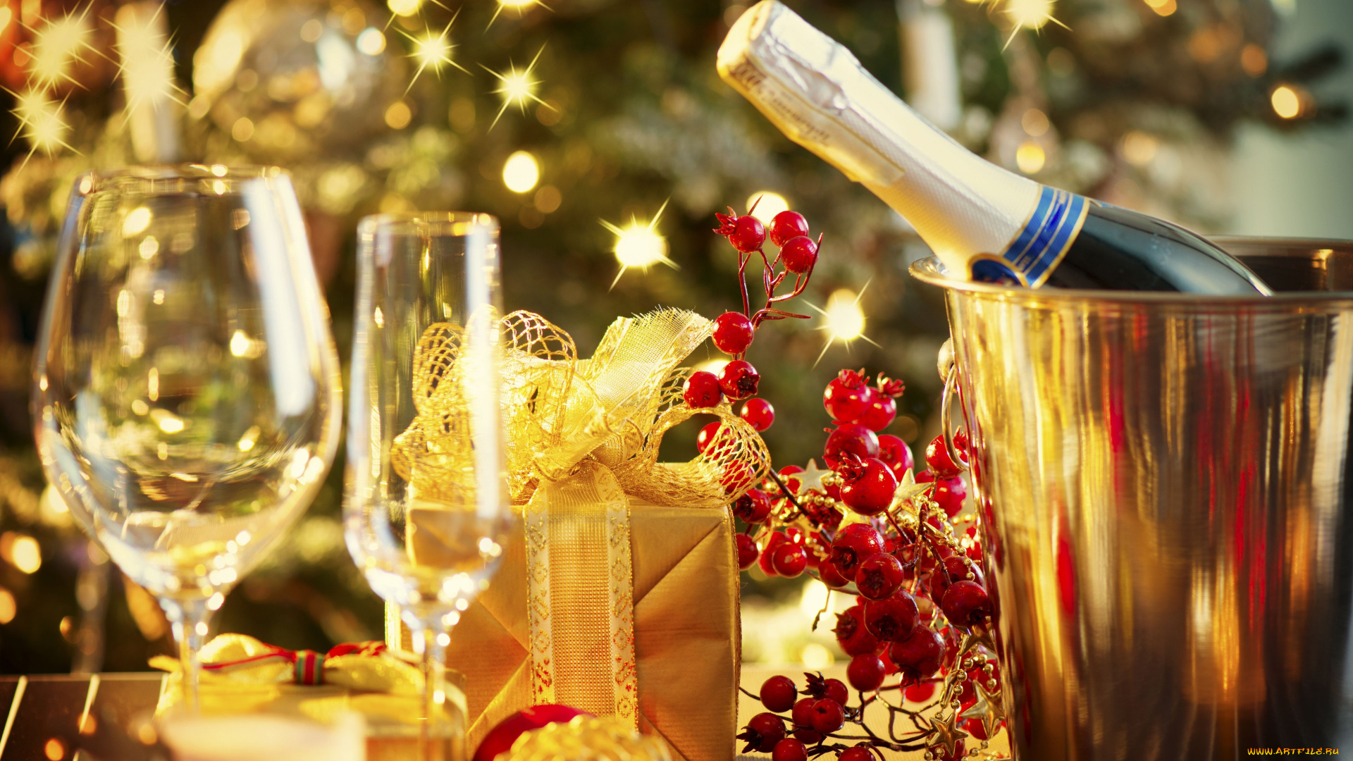 праздничные, -, разное, , новый, год, ягоды, подарок, коробочка, шампанское, бутылка, бокалы