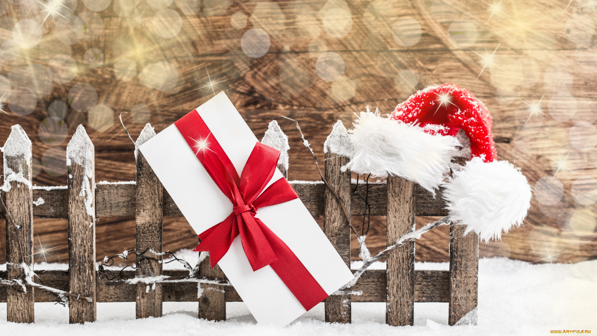 праздничные, подарки, и, коробочки, забор, шапка, подарок, снег