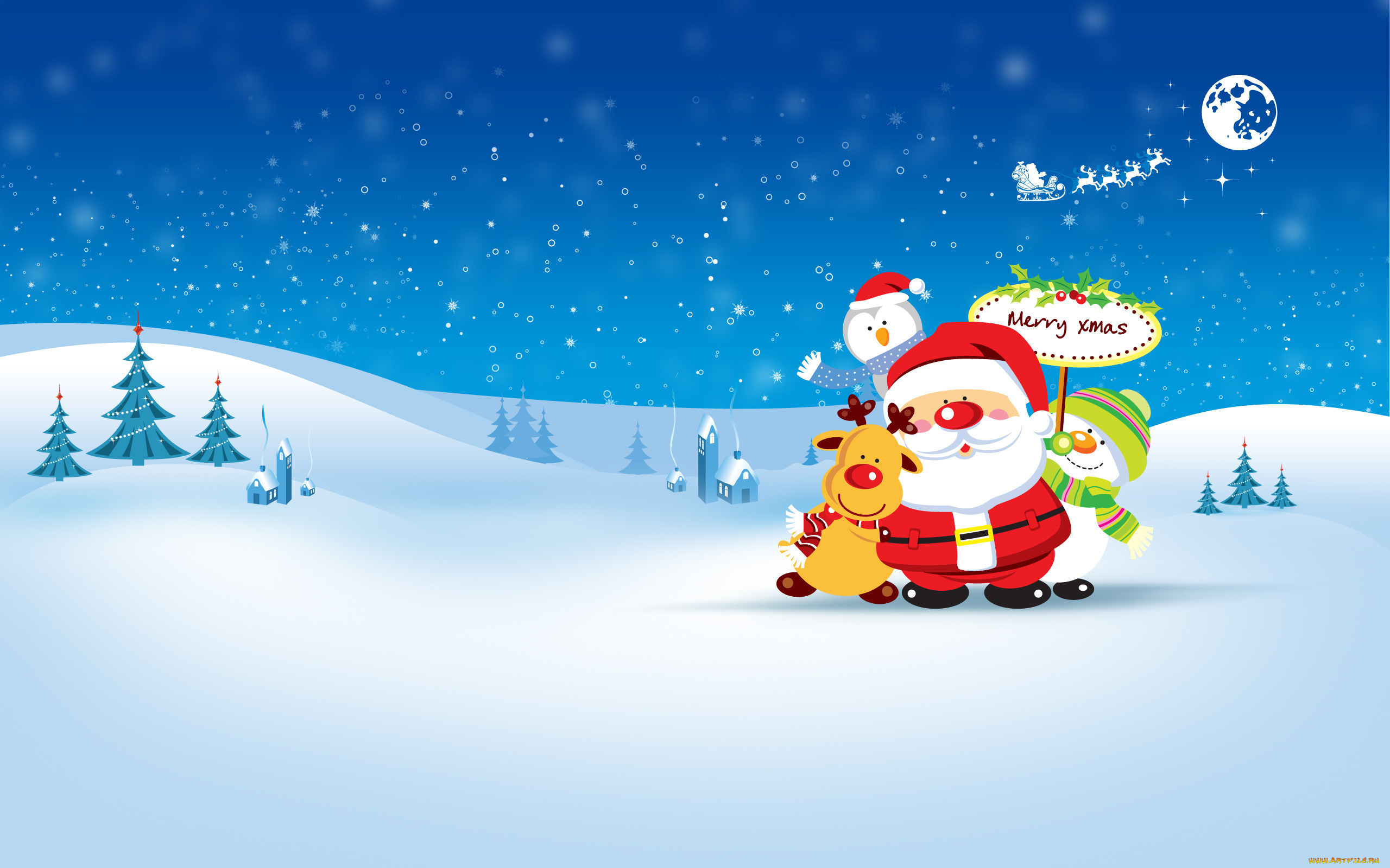 праздничные, векторная, графика, , новый, год, деревья, луна, снег, пингвин, олень, снеговик, дом, санта, клаус