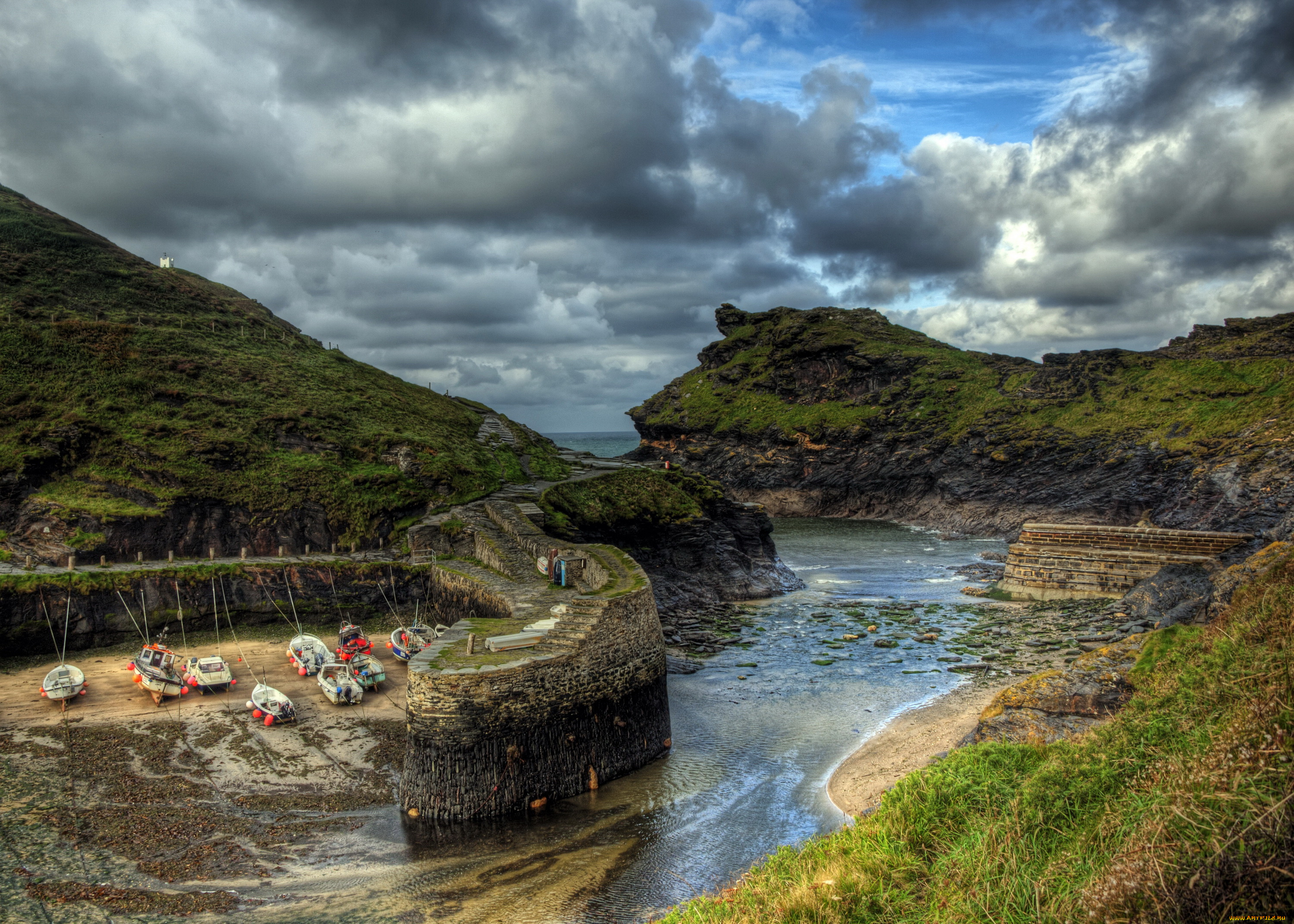 boscastle, harbour, , cornwall, англия, природа, побережье, залив, трава, лодки