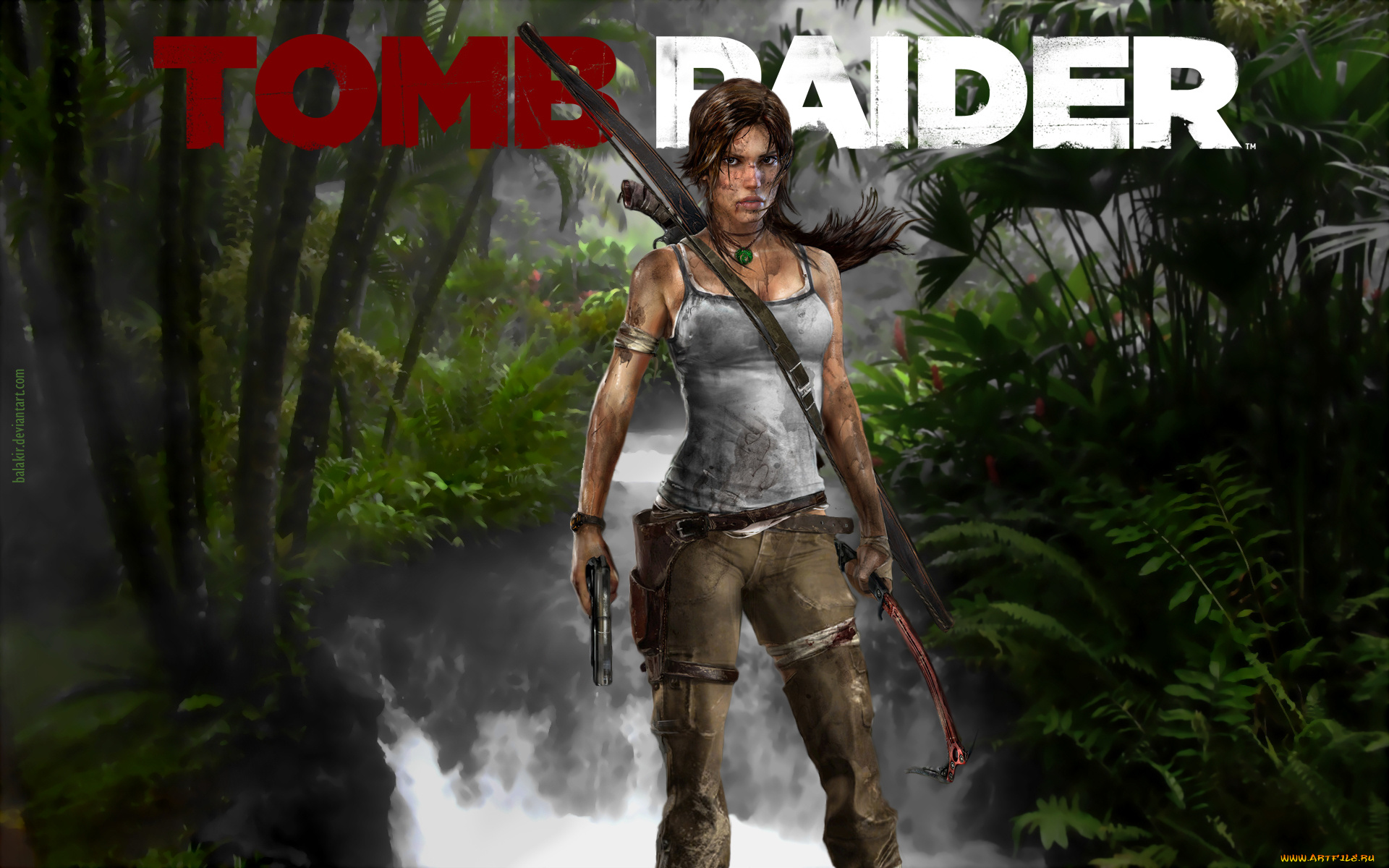 видео, игры, tomb, raider, 2013, девушка, фон, взгляд, лук, ледоруб, пистолет