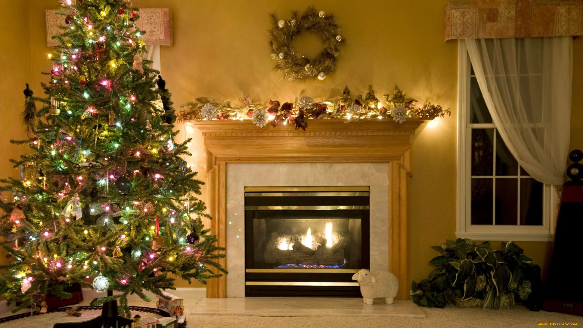 праздничные, новогодний, очаг, окно, украшения, камин, комната, ёлка