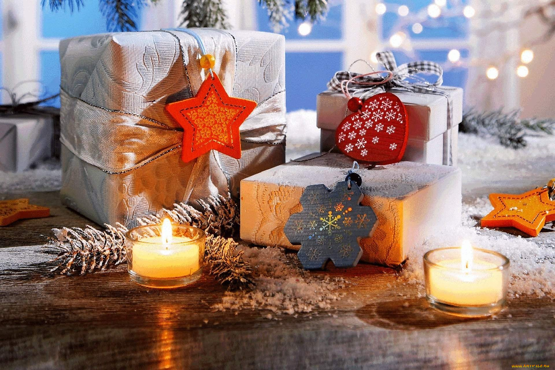праздничные, подарки, и, коробочки, окно, снег, свечи, коробки