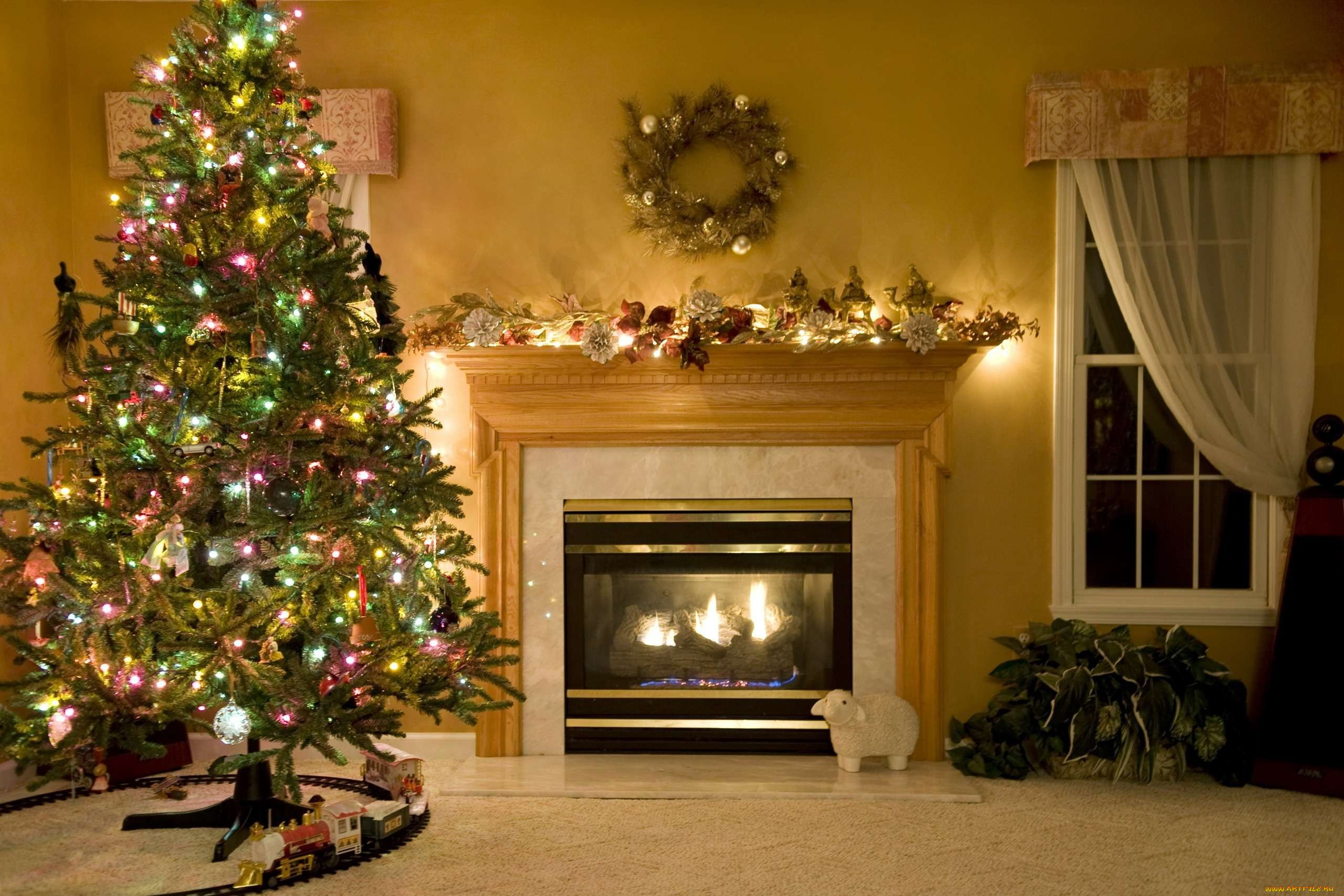 праздничные, новогодний, очаг, окно, украшения, камин, комната, ёлка