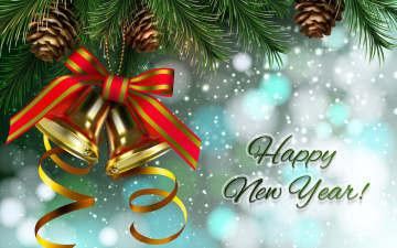Картинка праздничные векторная+графика+ новый+год поздравление снег бант колокольчики шишки ёлка
