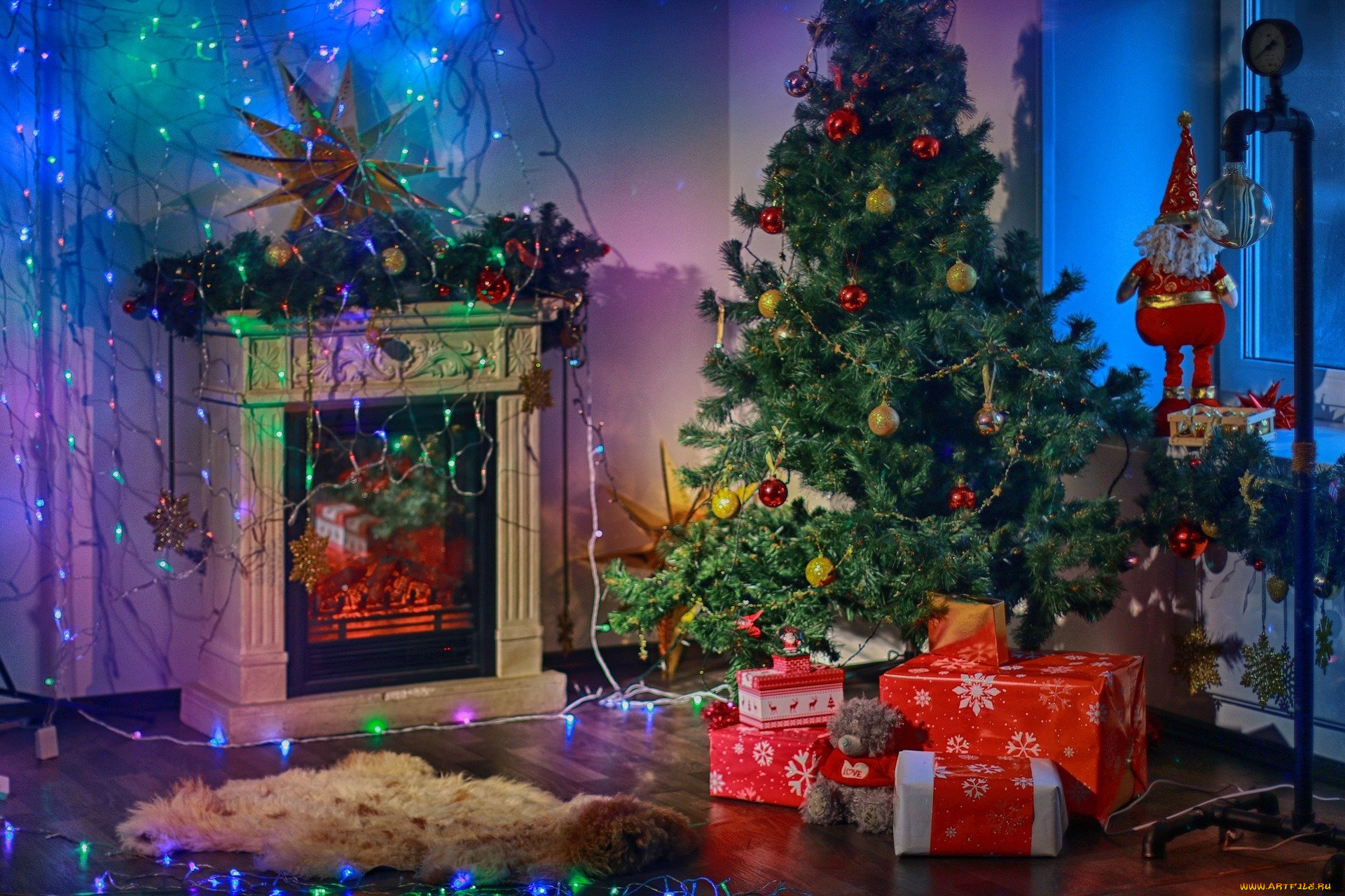 праздничные, ёлки, гирлянда, подарки, елка