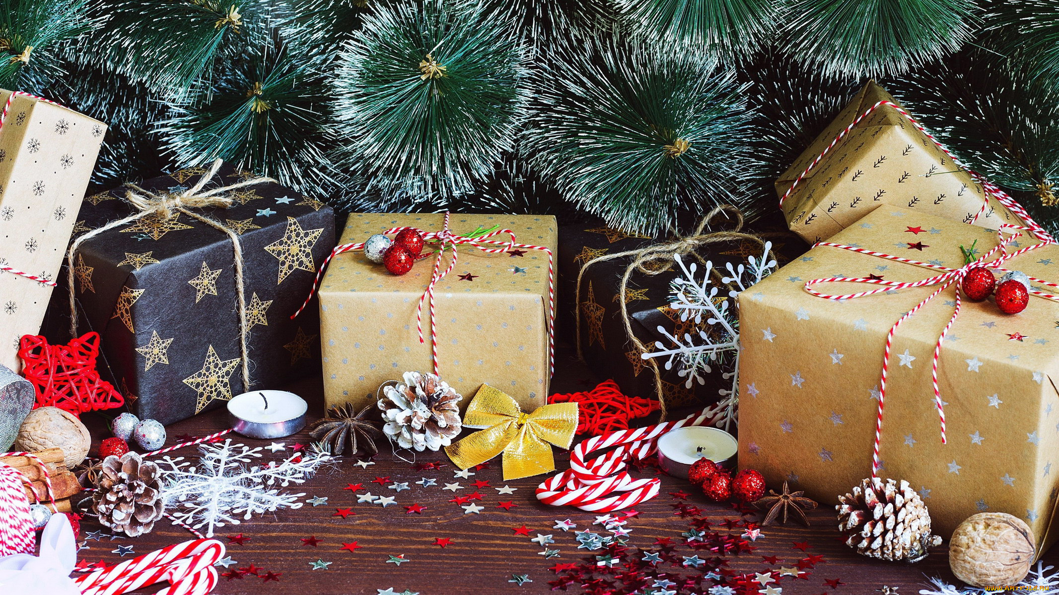 праздничные, подарки, и, коробочки, шишки, подарки, свечи