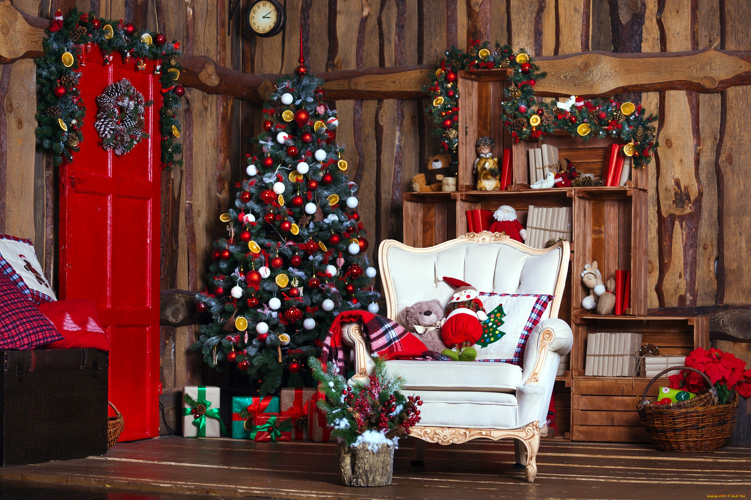 праздничные, ёлки, елка, подарки, игрушки, кресло