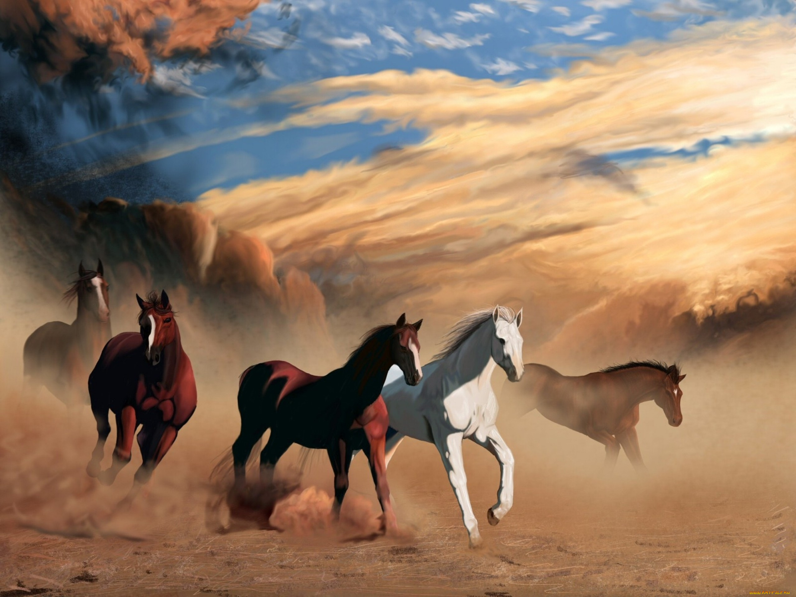 рисованное, животные, , лошади, лошади, пыль, облака