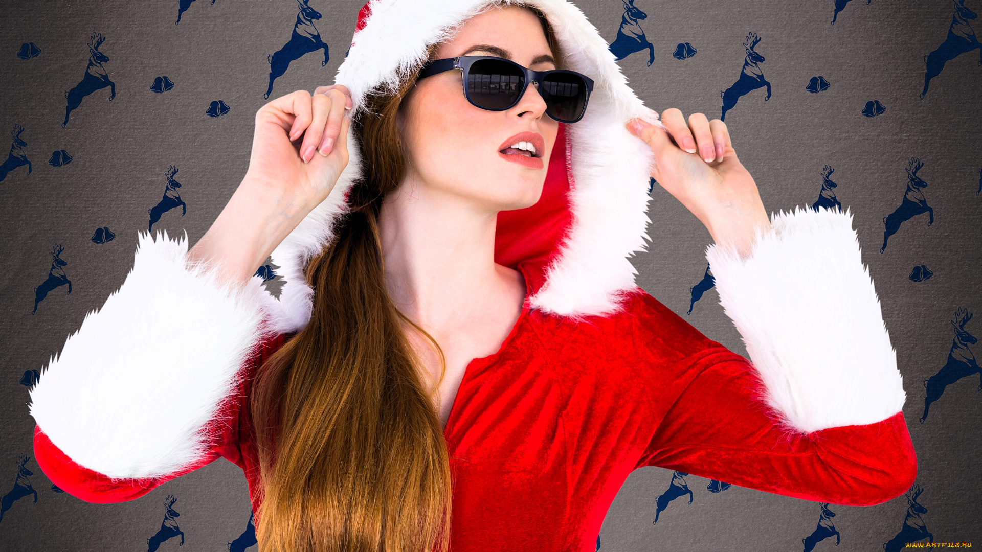 девушки, -, снегурочки, рыжая, костюм, капюшон, очки