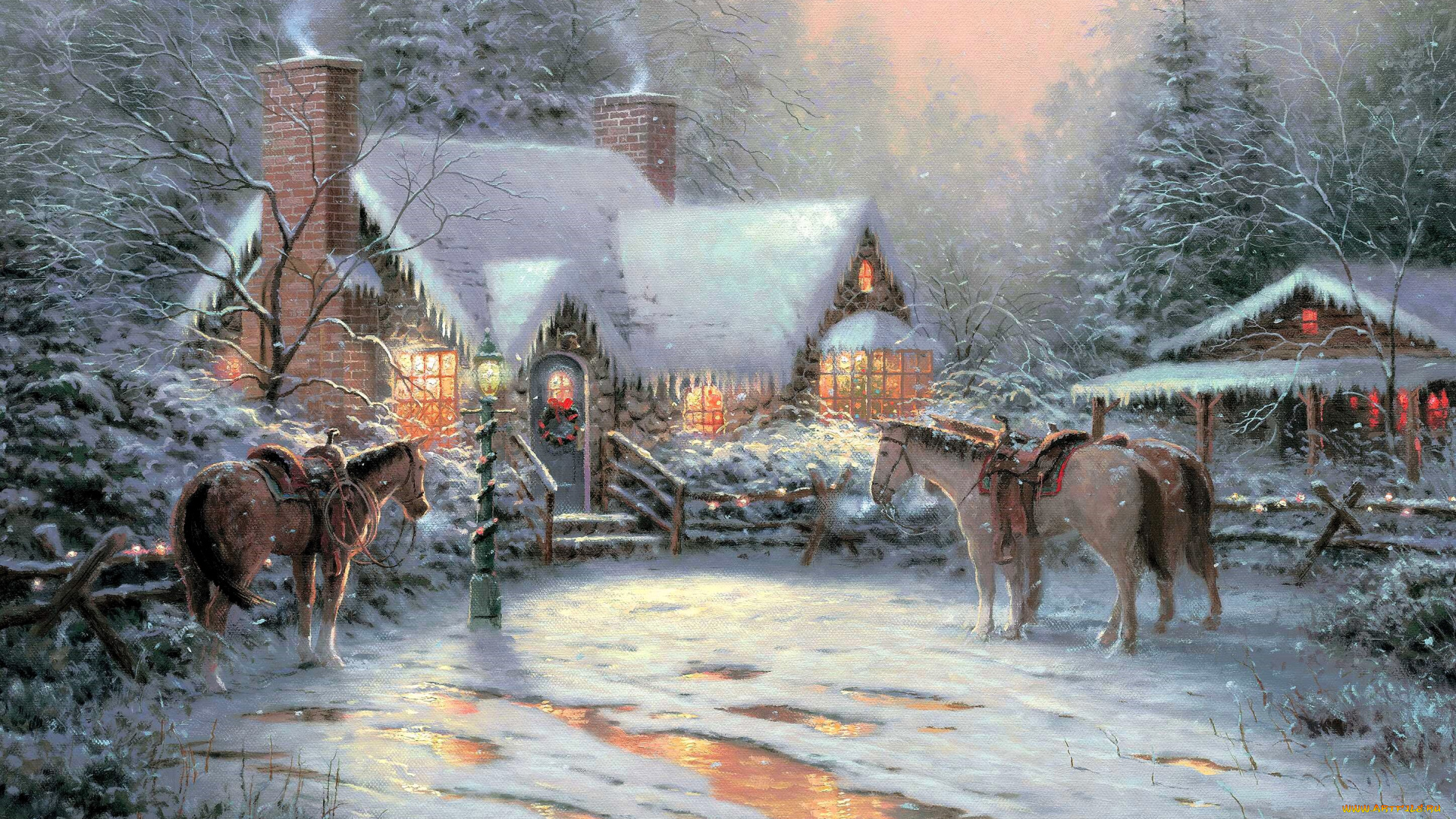 рисованное, thomas, kinkade, дом, снег, лошади, деревья