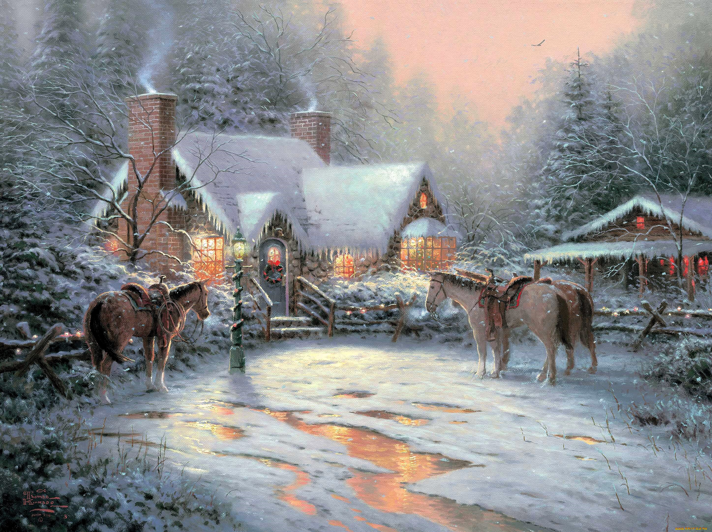 рисованное, thomas, kinkade, дом, снег, лошади, деревья