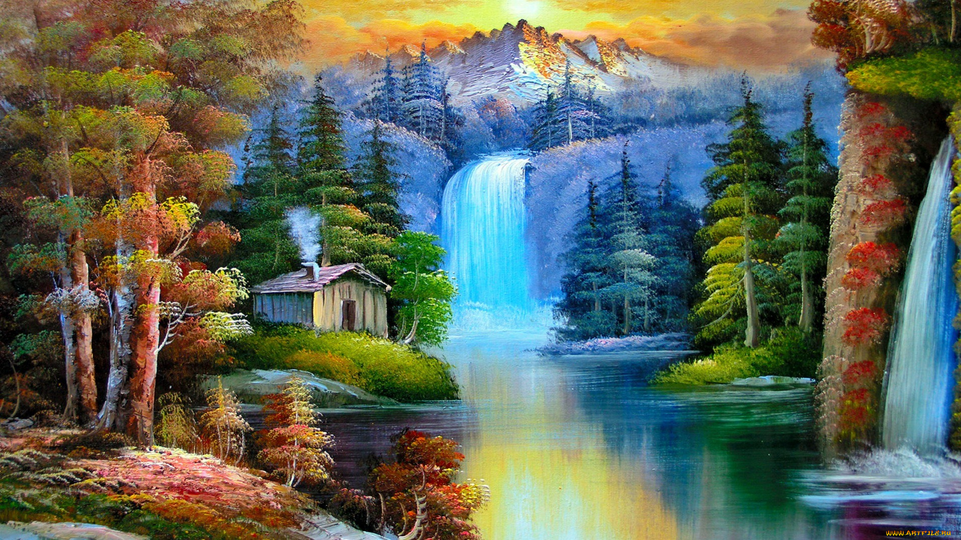 рисованные, природа, арт, рисунок, живопись, лес, горы, водопад, дом, река