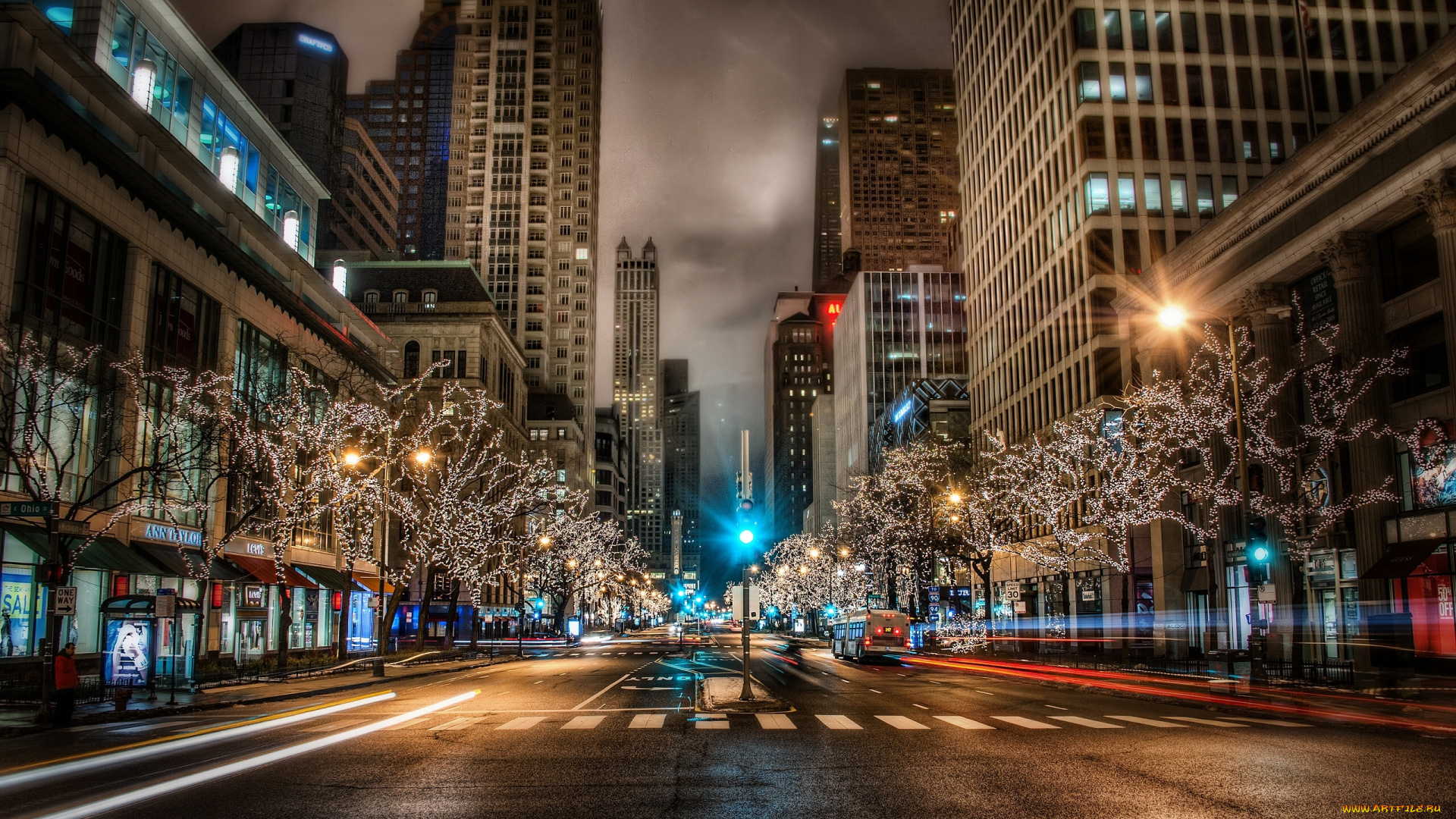 michigan, avenue, , chicago, города, Чикаго, , сша, michigan, avenue, chicago, мичиган, авеню, Чикаго, улица, дорога, ночной, город, деревья, небоскрёбы, hdr