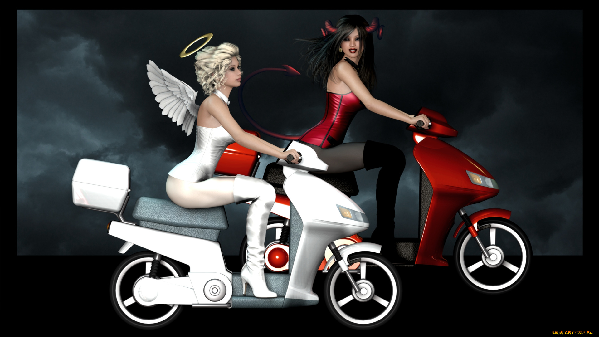3д, графика, фантазия, , fantasy, мотоциклы, демон, ангел