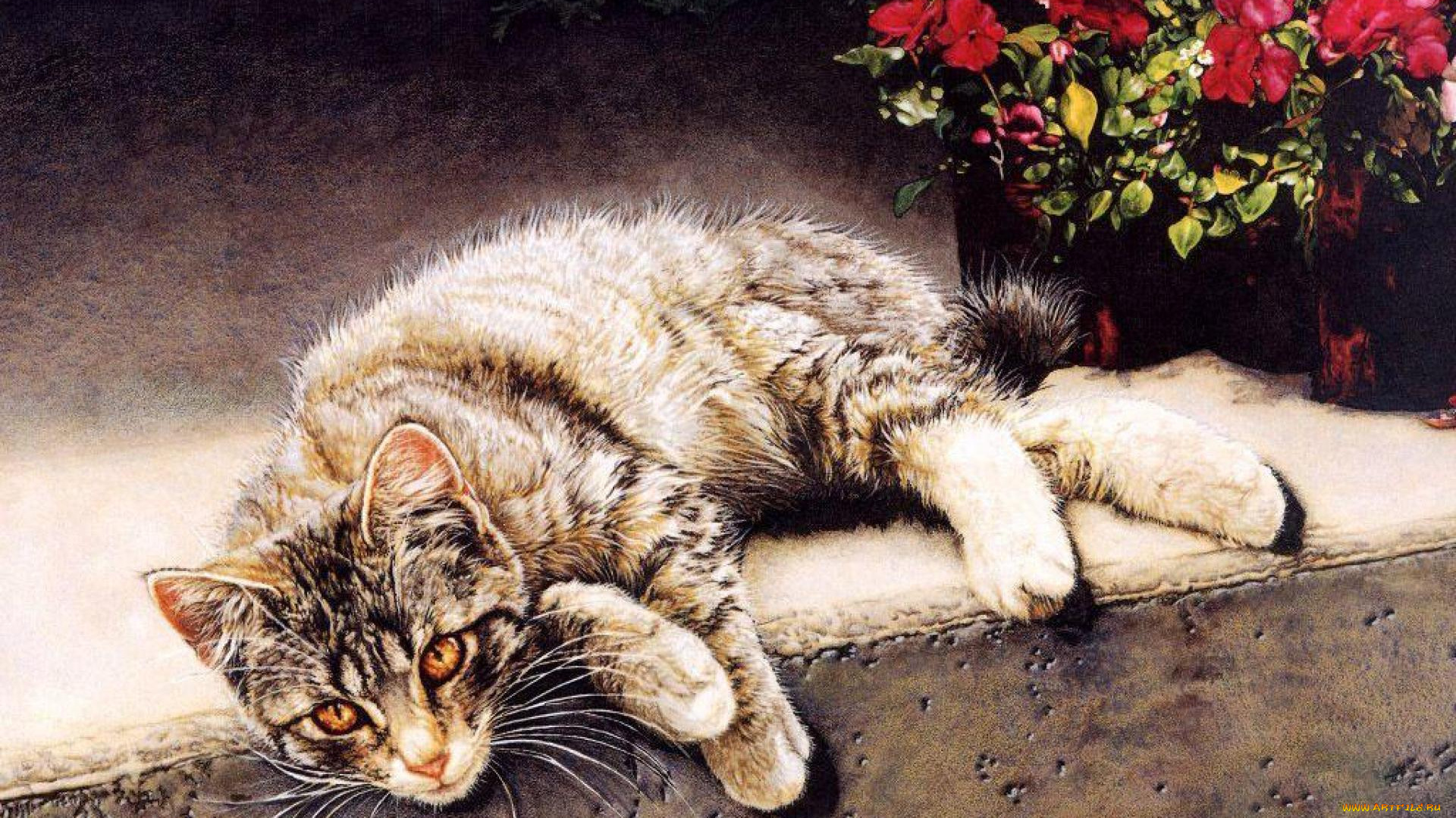 рисованное, животные, , коты, отдых, кошка, кот, цветы, ступени