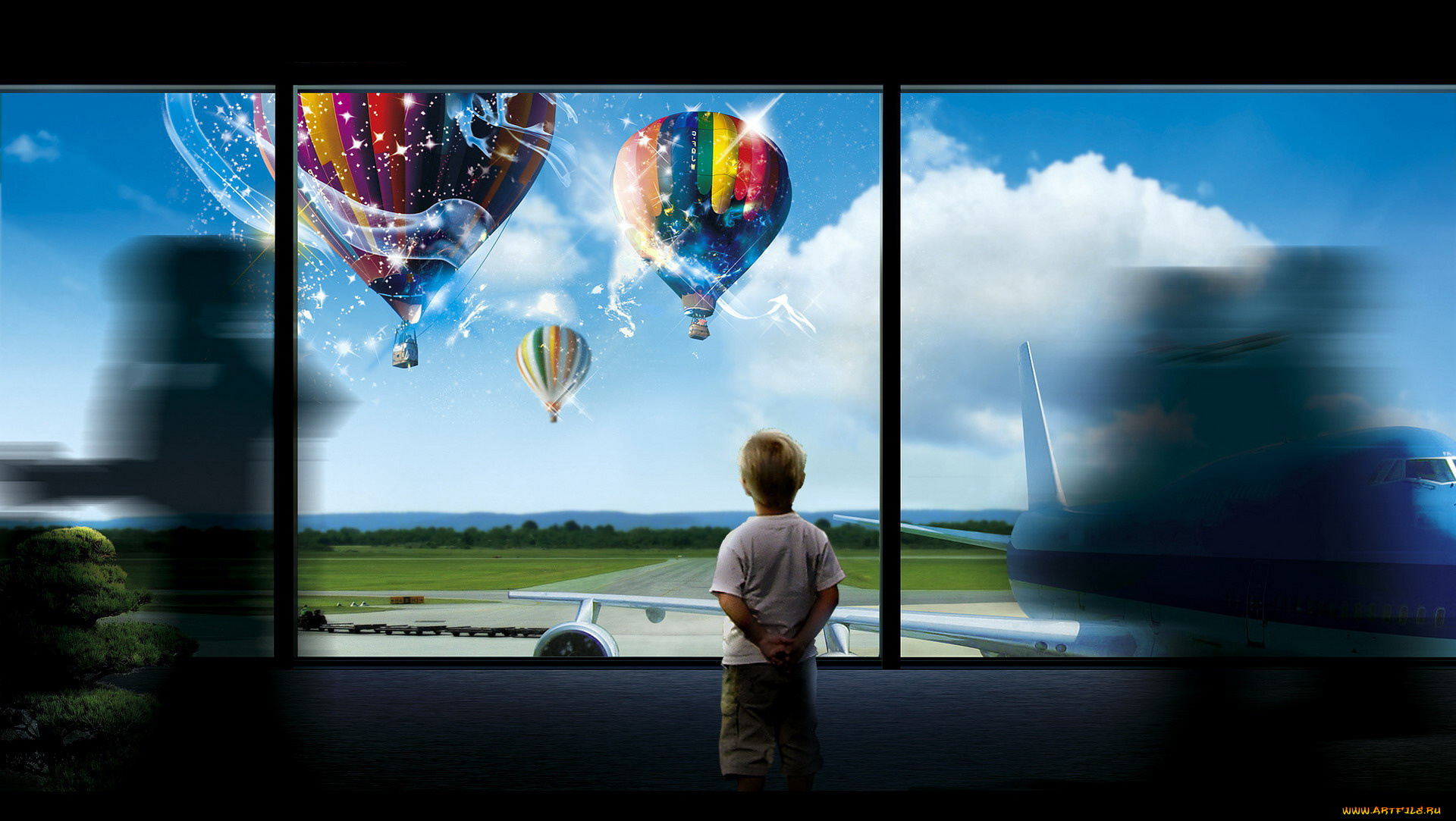 разное, компьютерный, дизайн, самолет, аэропорт, мальчик, ребенок, воздушные, шары, окно