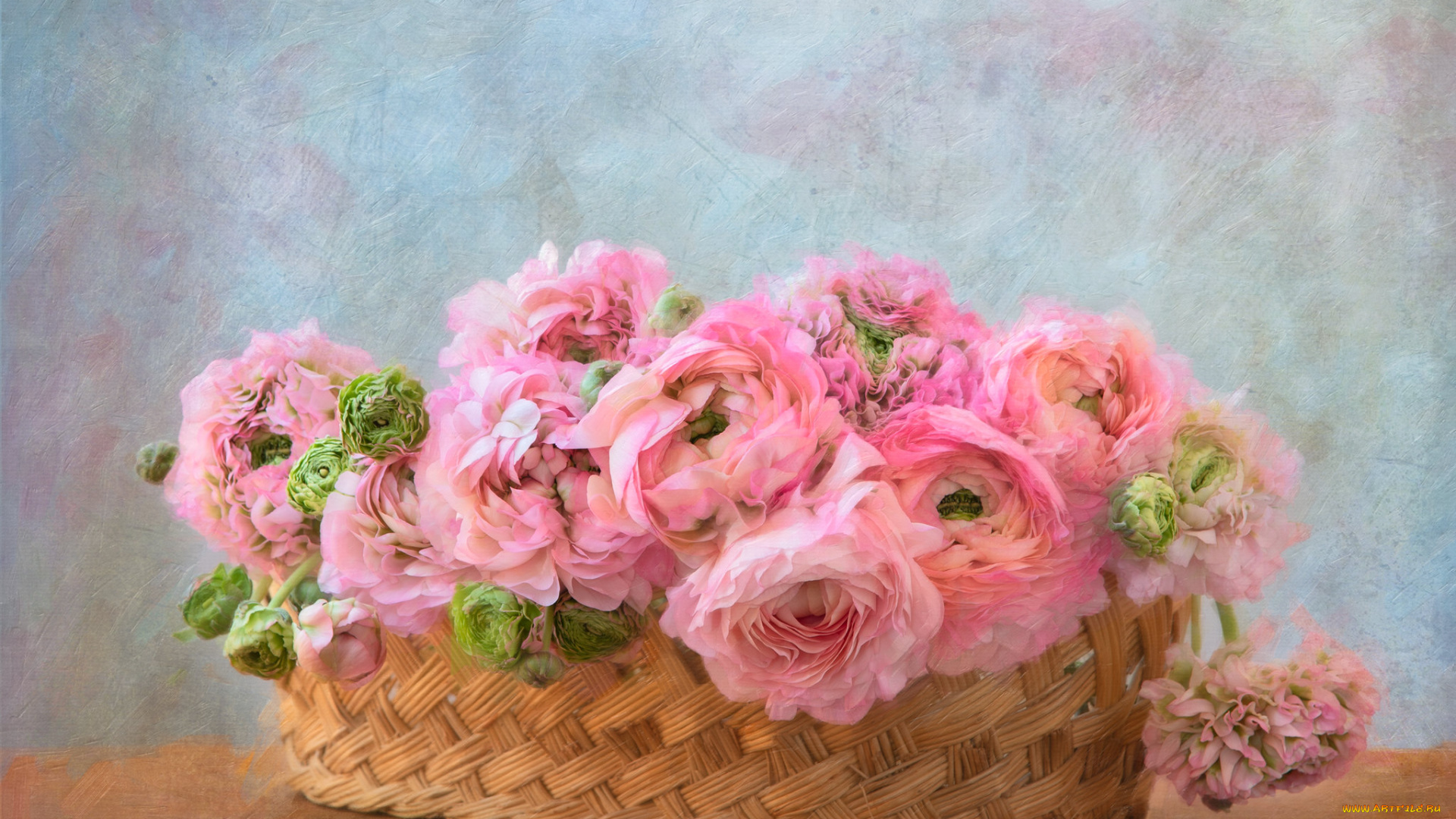 рисованное, цветы, корзина, розовый, букет