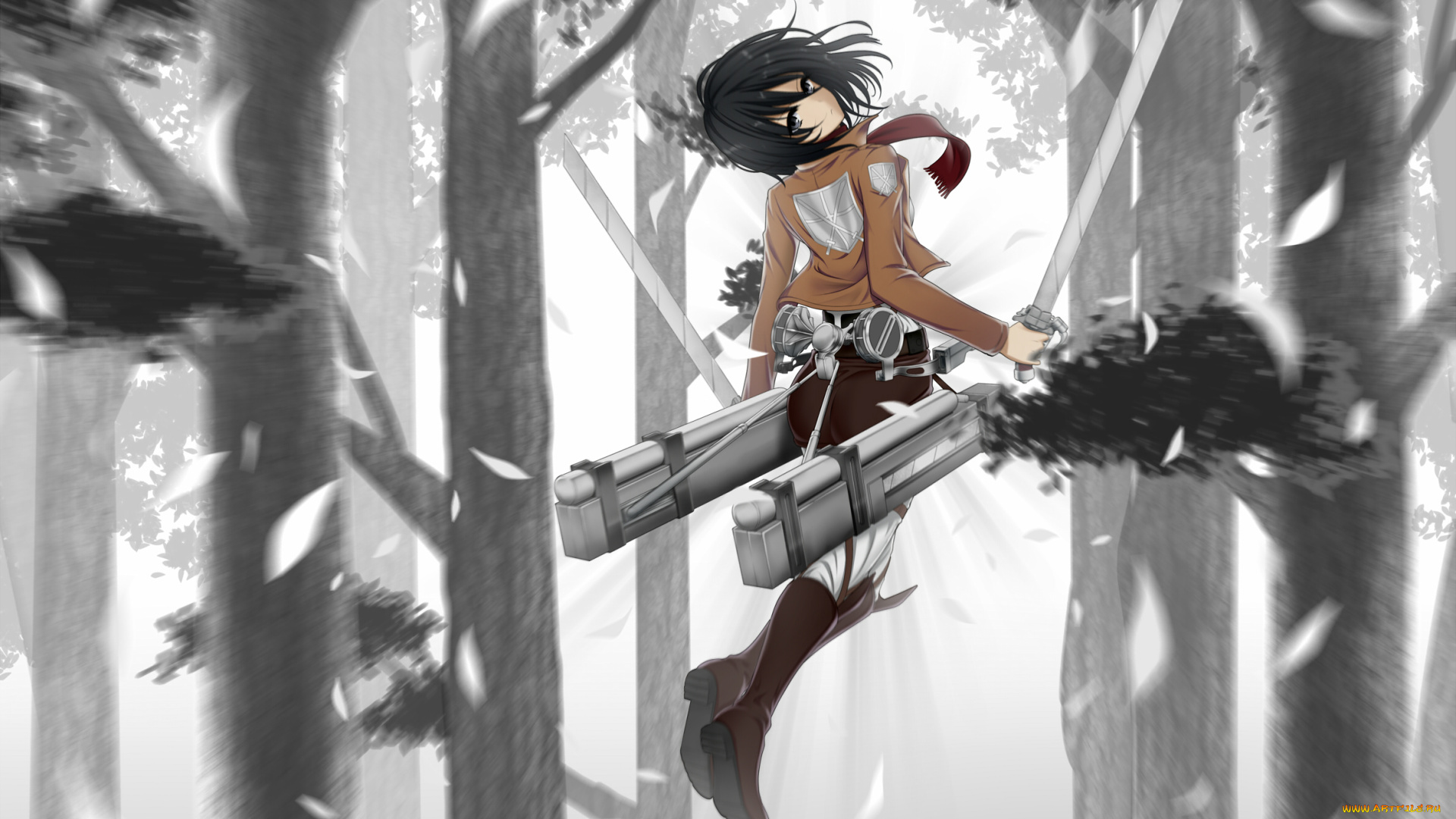аниме, shingeki, no, kyojin, деревья, девушка, природа, mikasa, ackerman, оружие, меч, вторжение, гигантов