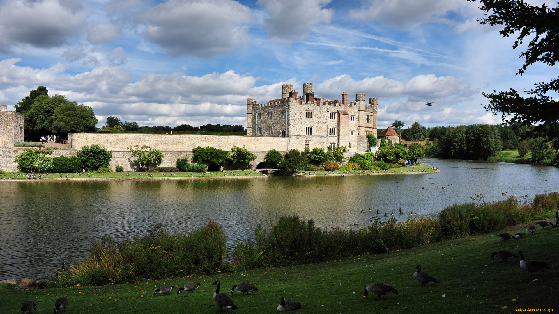 leeds, castle, города, -, дворцы, , замки, , крепости, замок, излучина, река, лес, птицы, облака