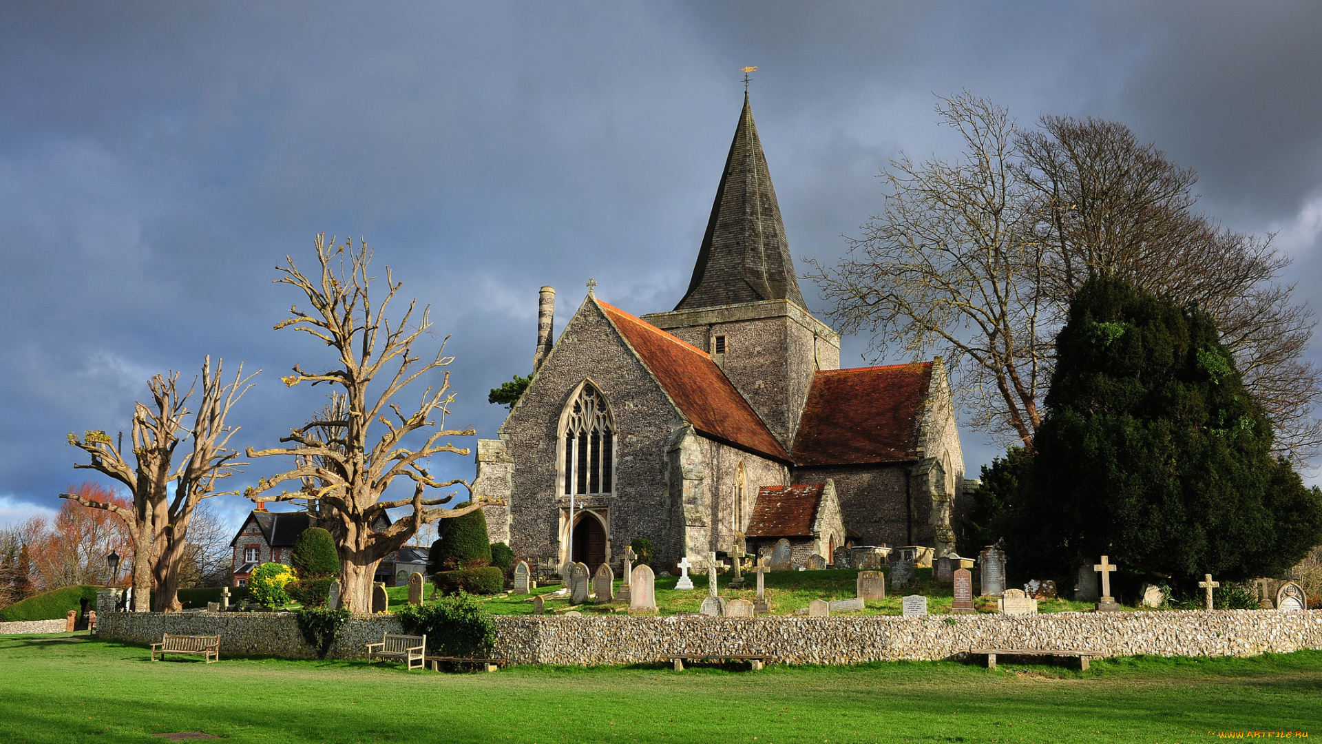 st, andrews, church, , alfriston, города, -, католические, соборы, , костелы, , аббатства, газон, ограда, надгробия, лужайка, храм