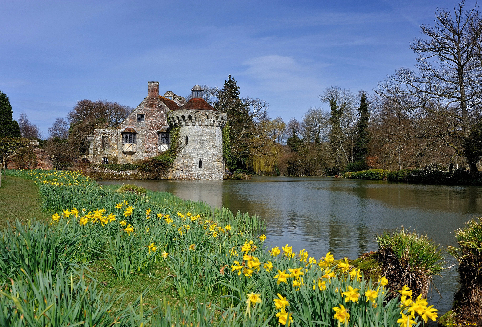 scotney, old, castle, города, -, дворцы, , замки, , крепости, замок, река, цветы