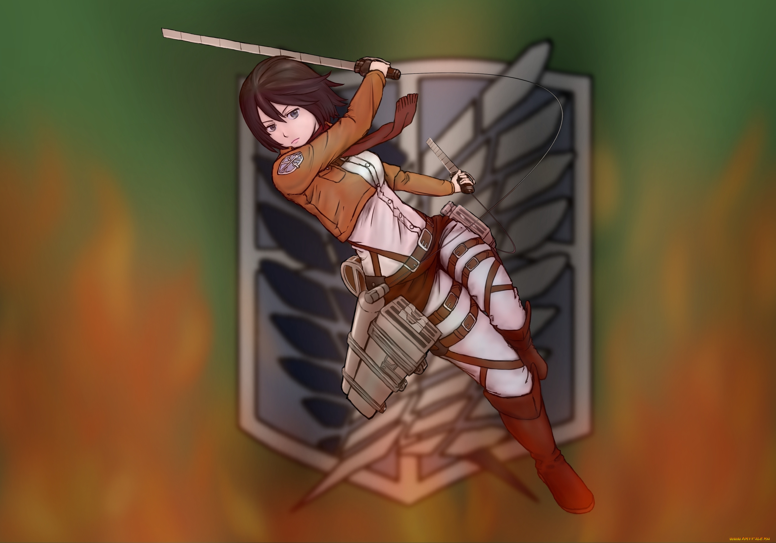 аниме, shingeki, no, kyojin, знамя, тросы, клинки, оружие, mikasa, ackerman, жест, настрой, взгляд, девушка