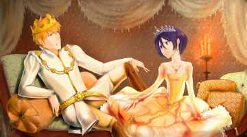 Картинка аниме bleach корона платье украшения парень девушка kuchiki rukia kurosaki ichigo art