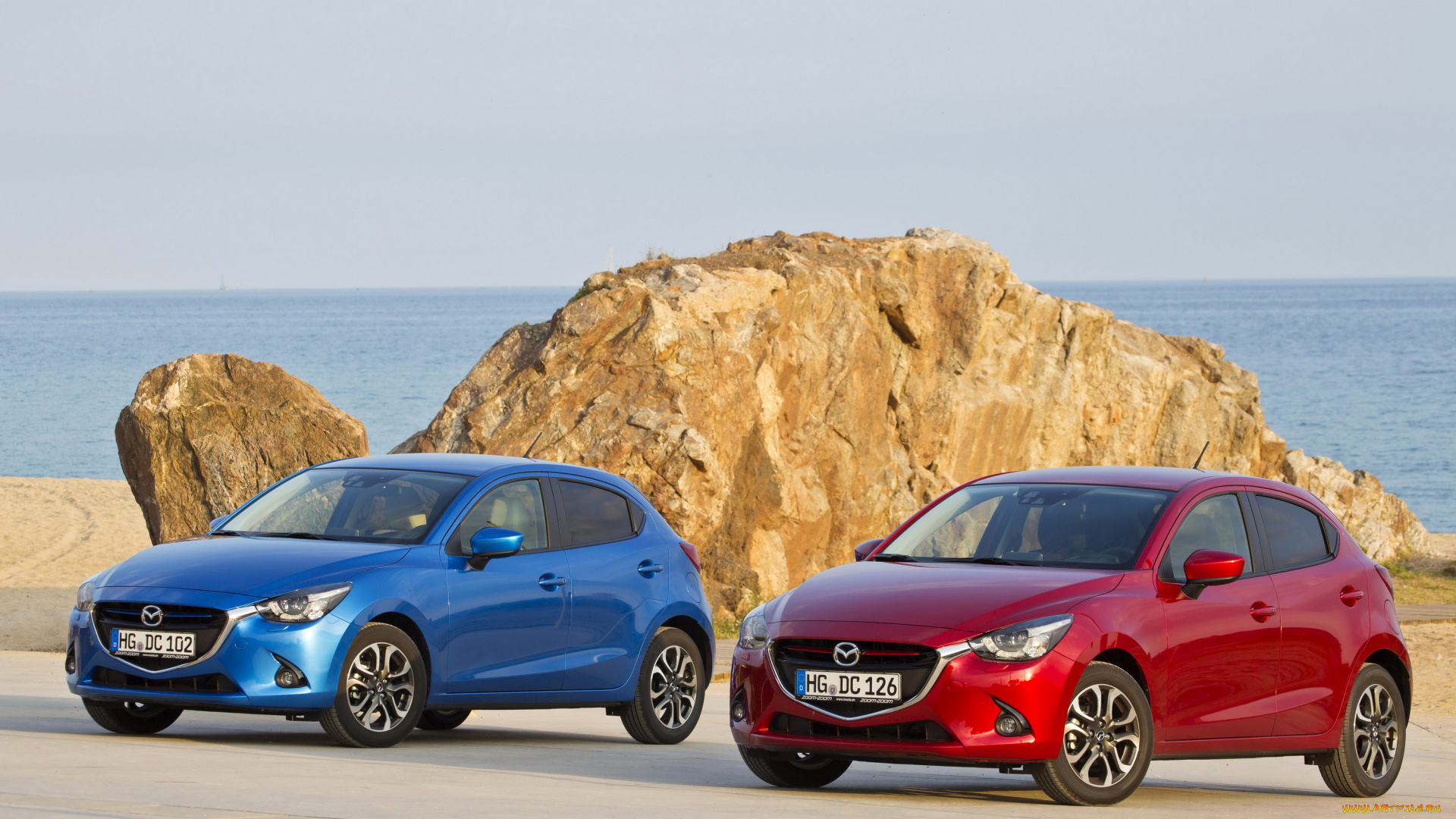 2014, mazda, 2, автомобили, mazda, красный, металлик, голубой, двое