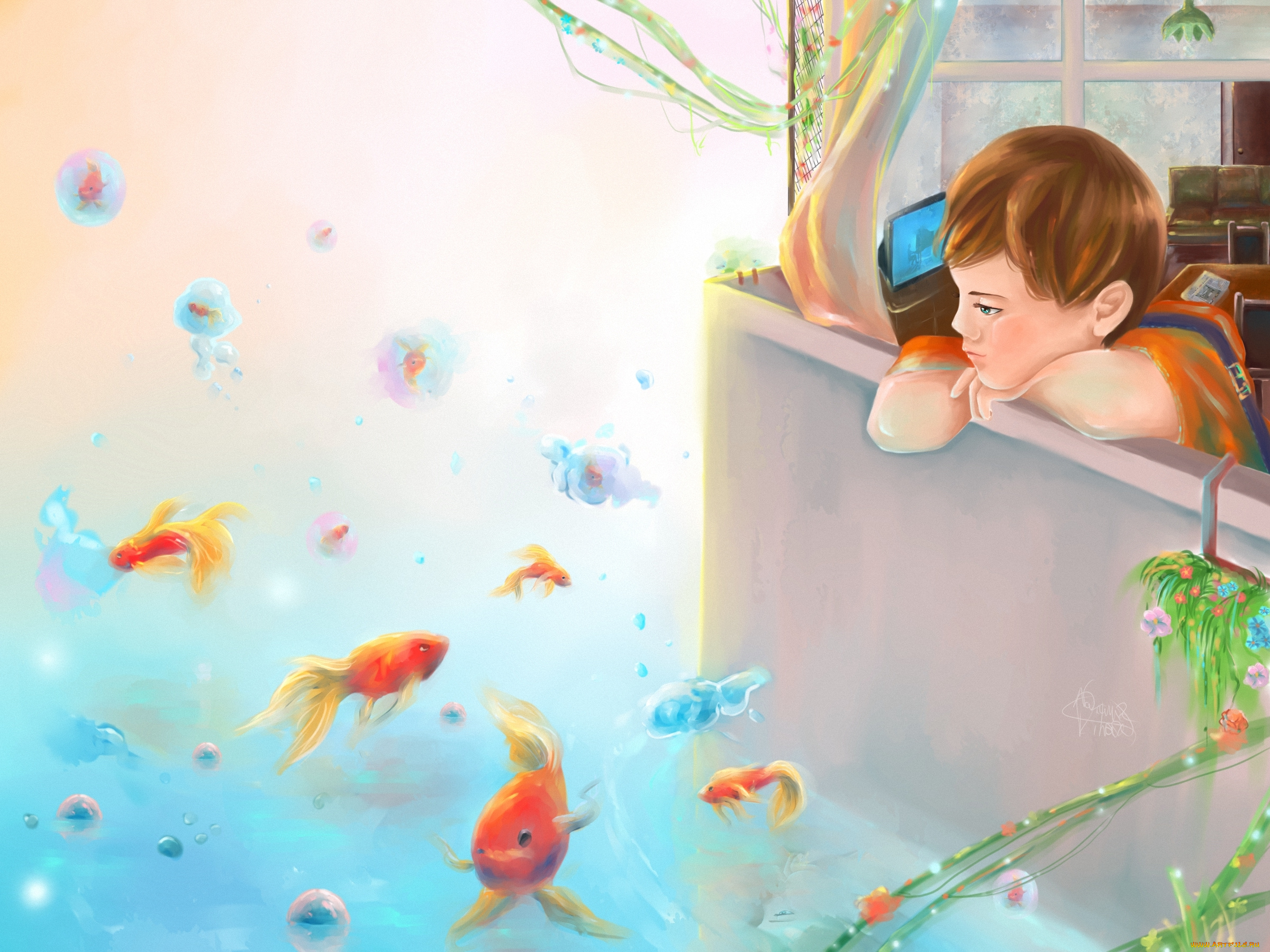 О чем мечтает вода. Ребенок мечтает арт. Мальчик мечтатель. Мечта иллюстрация. Детские обои с рыбками.