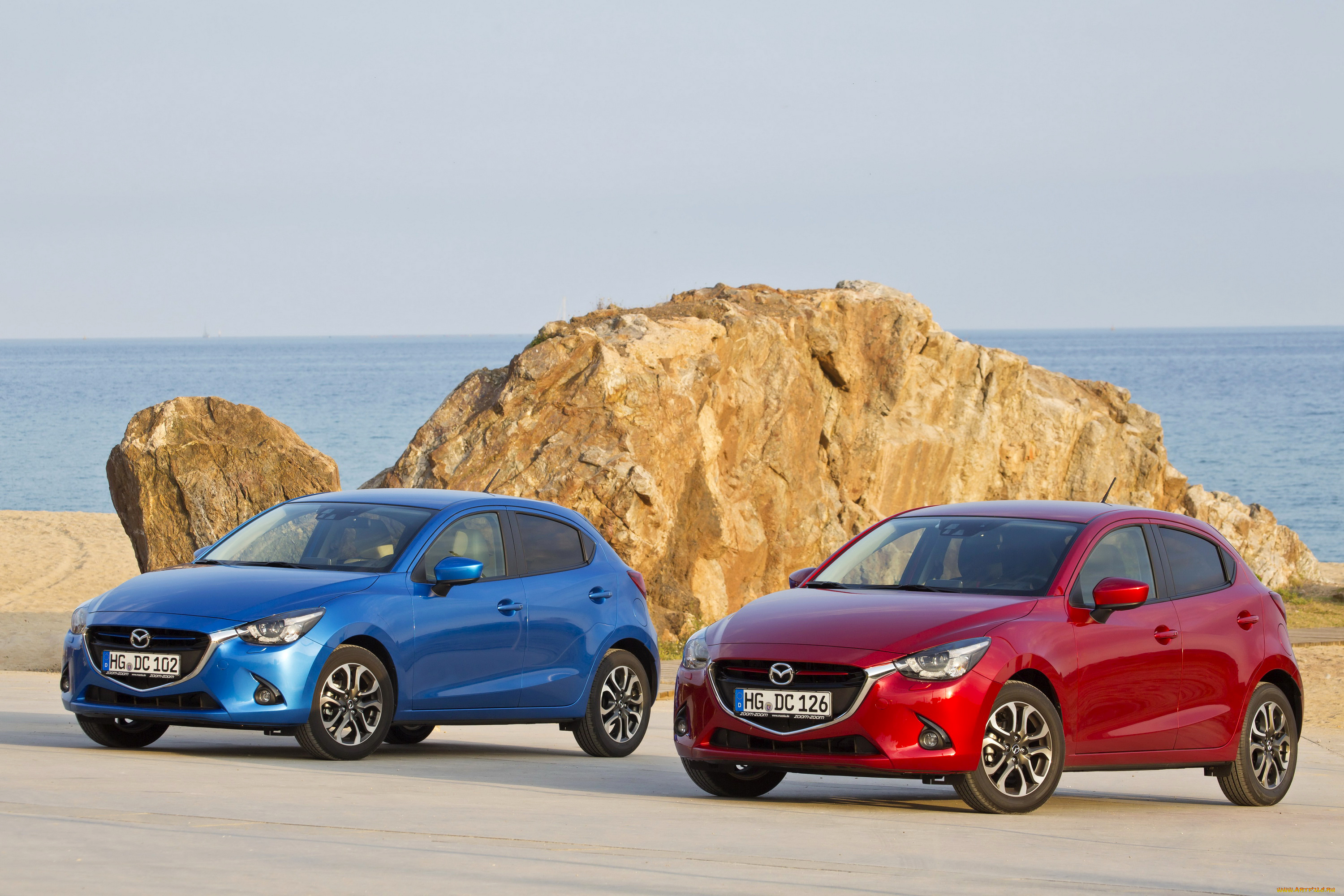 2014, mazda, 2, автомобили, mazda, красный, металлик, голубой, двое