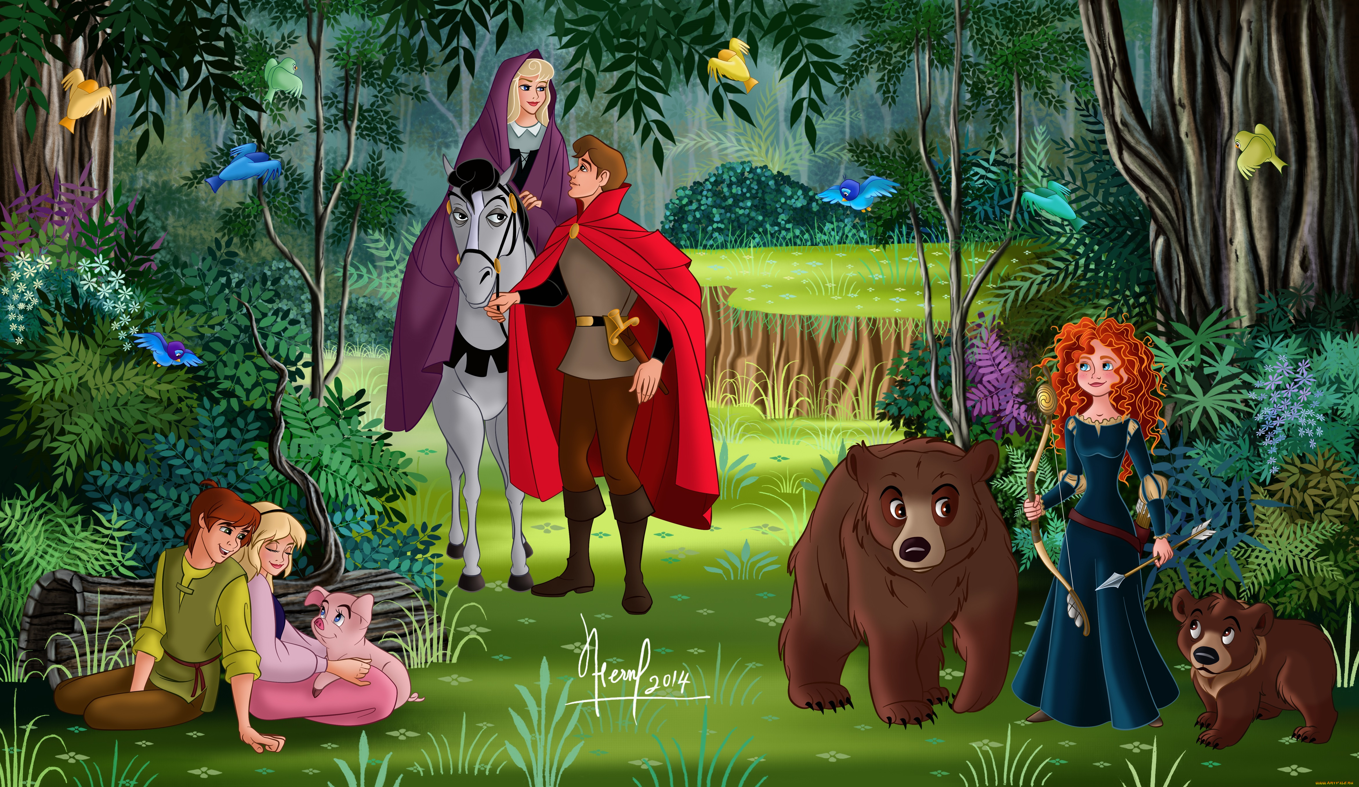 векторная, графика, мультфильмы, , cartoons, люди, медведи, птицы, лошадь, принц, принцесса, лес